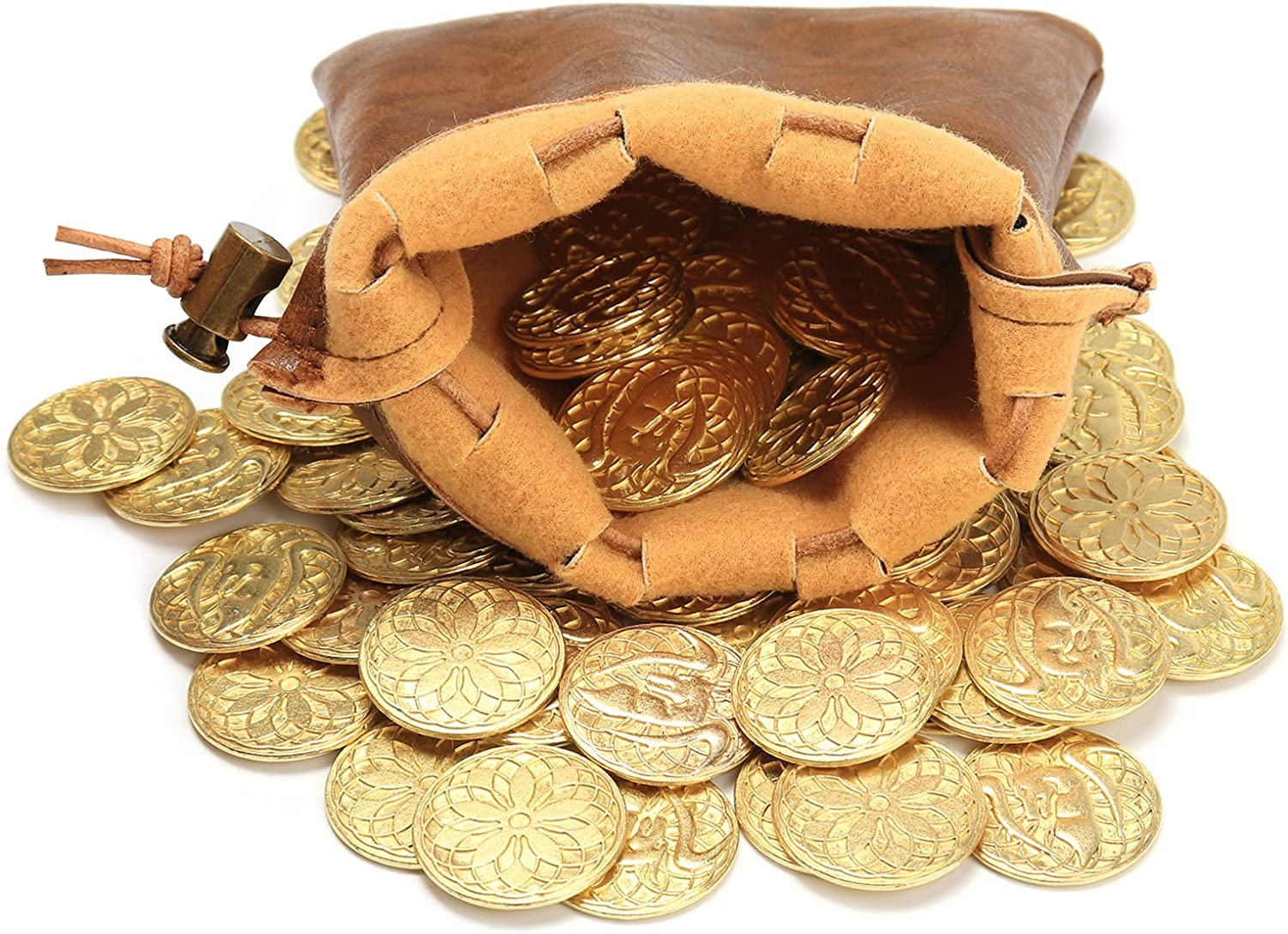 Byhoo 50 PCS Goldmünzen & PU Ledertasche, Metallmünzen für DND, Fantasy Münzen Schatz für Brettspiele, Falsche Münzen als Spielmarken für Dungeons & Dragons, Tabletop TTRPG Spiele