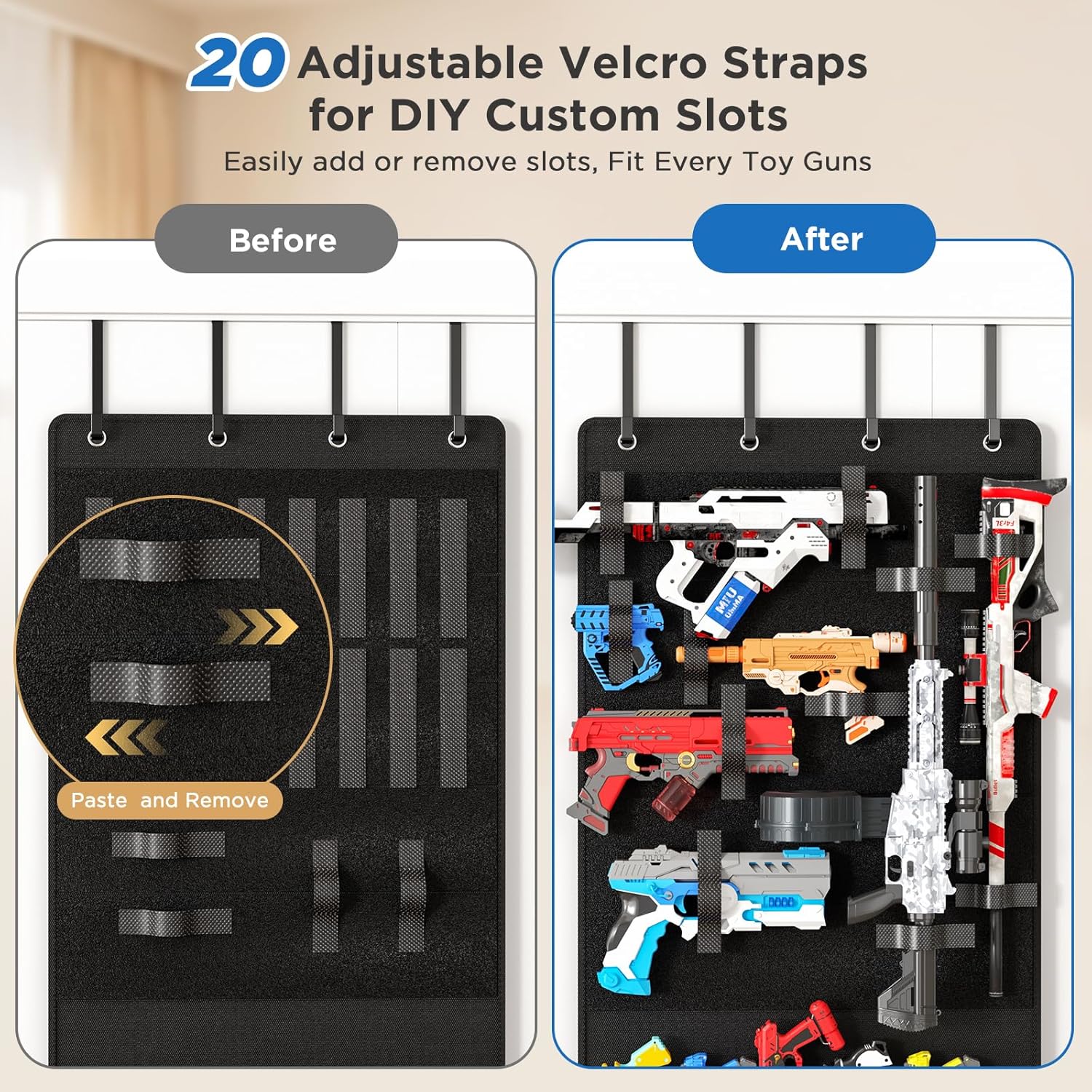 Over the Door Organizer for Toy Guns, Toys Storage Door Hanger with Pockets and Slots for Kids Foam Blasters, Darts, Goggles, Over Door Toy Guns Storage Organizer, for Kids Rooms, Game Rooms, Black