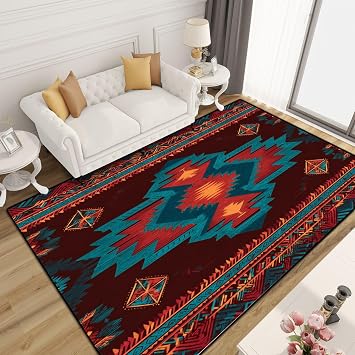 6x9 Area Rug Low Pile Native American Southwest Aztec Navajo Seamless Tribal Washable Large Rug Non-Slip Non-Shedding Rug Indoor Carpet for Living Room Bedroom Kids Room Home Decor