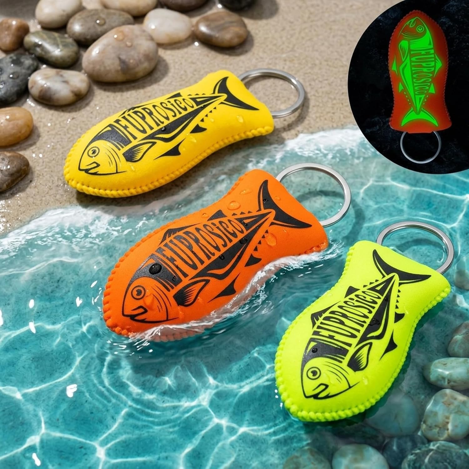 2 Pack Boat Key Float, Glow in the Dark Floating Keychain for 5-6 Boat Keys,100% Waterproof Key Floats,Strong Buoyancy,Floating Key Ring,Green & Orange