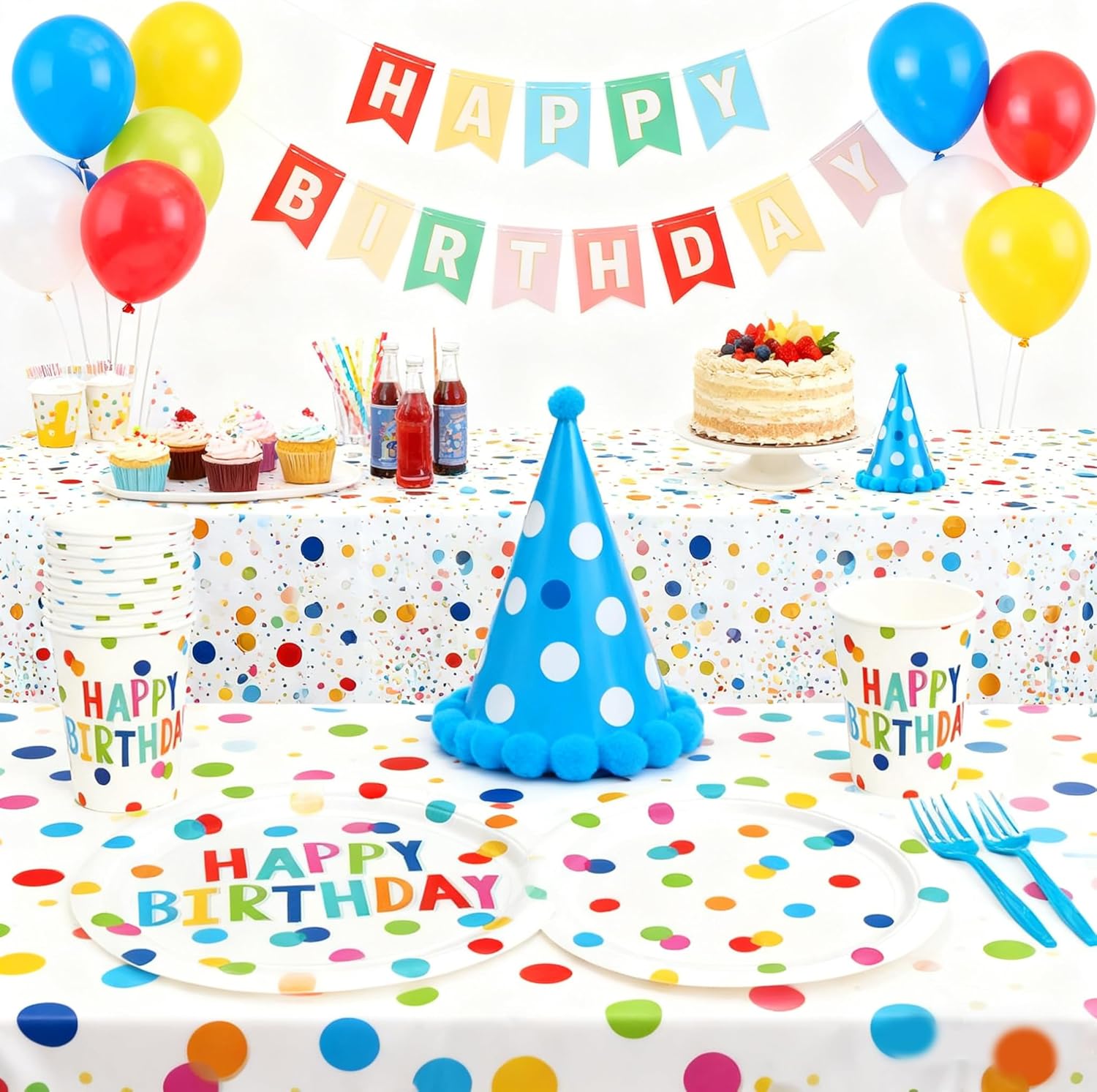 Birthday Plates & Napkins Supplies Tableware Set With 9" & 7" Colorful Dot Paper Plates Cups Plastic Napkins Forks Disposable Dinnerware Happy Birthday Party Decorations - Image 4