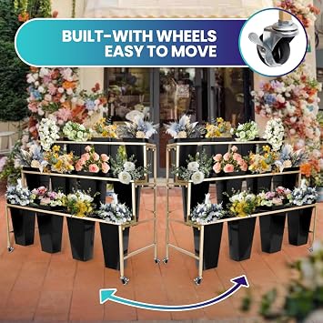 Premium 3-Tier Rolling Flower Stand with 12 Black Square Buckets Elegant Mobile Plant Display with Gold Frame for Professional Florists, Luxury Gardens & Terrace Decor