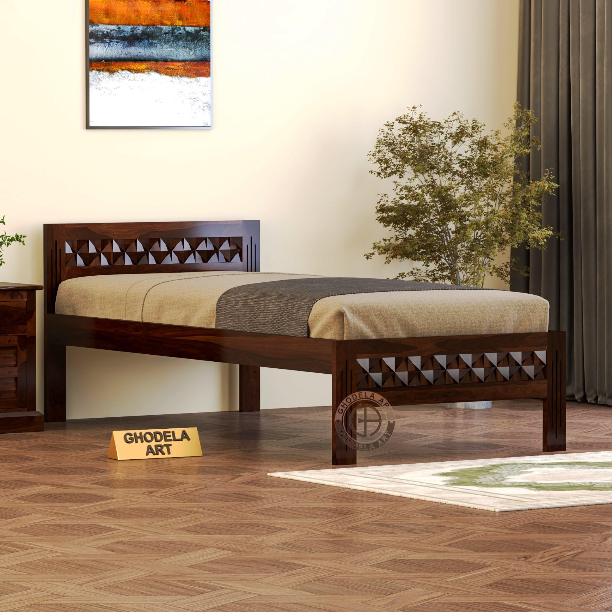 GHODELA ART Sheesham Wood Bed Without Storage Solid Wooden King Size Cot Bed Furniture for Bedroom Living Room Home (Walnut Finish, Single King Size Bed)-image-42