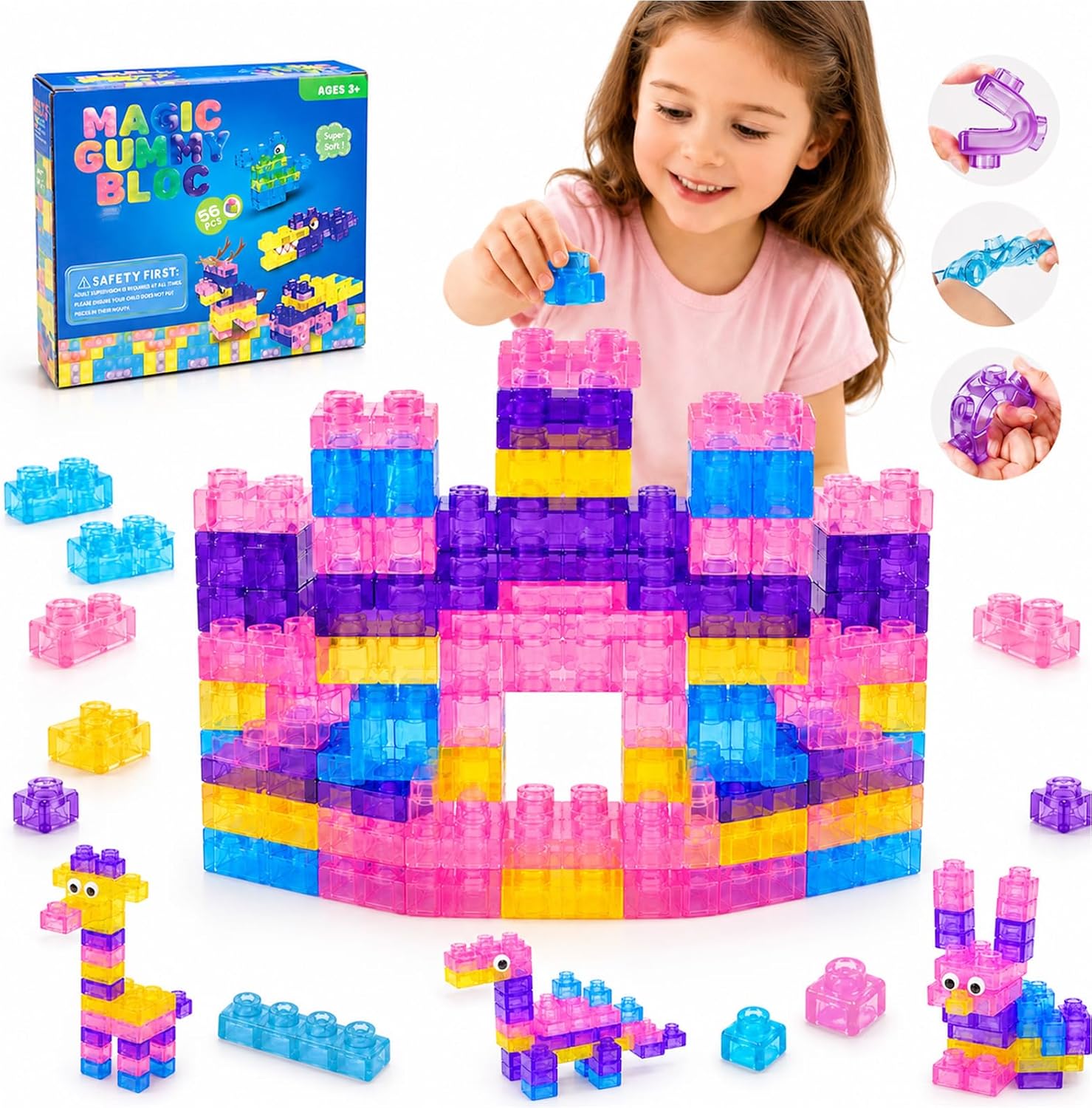 Gummy Soft 56 Blocks, Jelly Sensory Squishy Toys for Toddlers Kids Age 3+