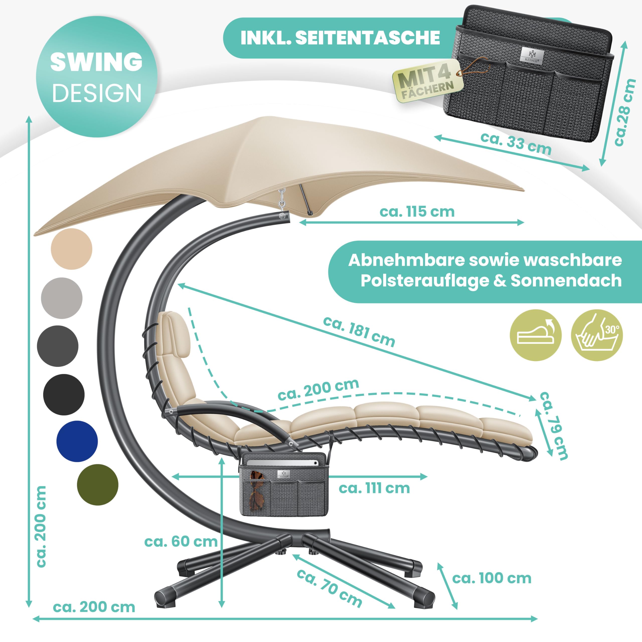 KESSER® Leżak wiszący z parasolem przeciwsłonecznym, wys. 200, dł. 194, szer. 100 cm, leżak relaksacyjny, hamak, obciążenie do 120 kg, leżanka bujana, poduszka na kark, w zestawie torba, Beżowy