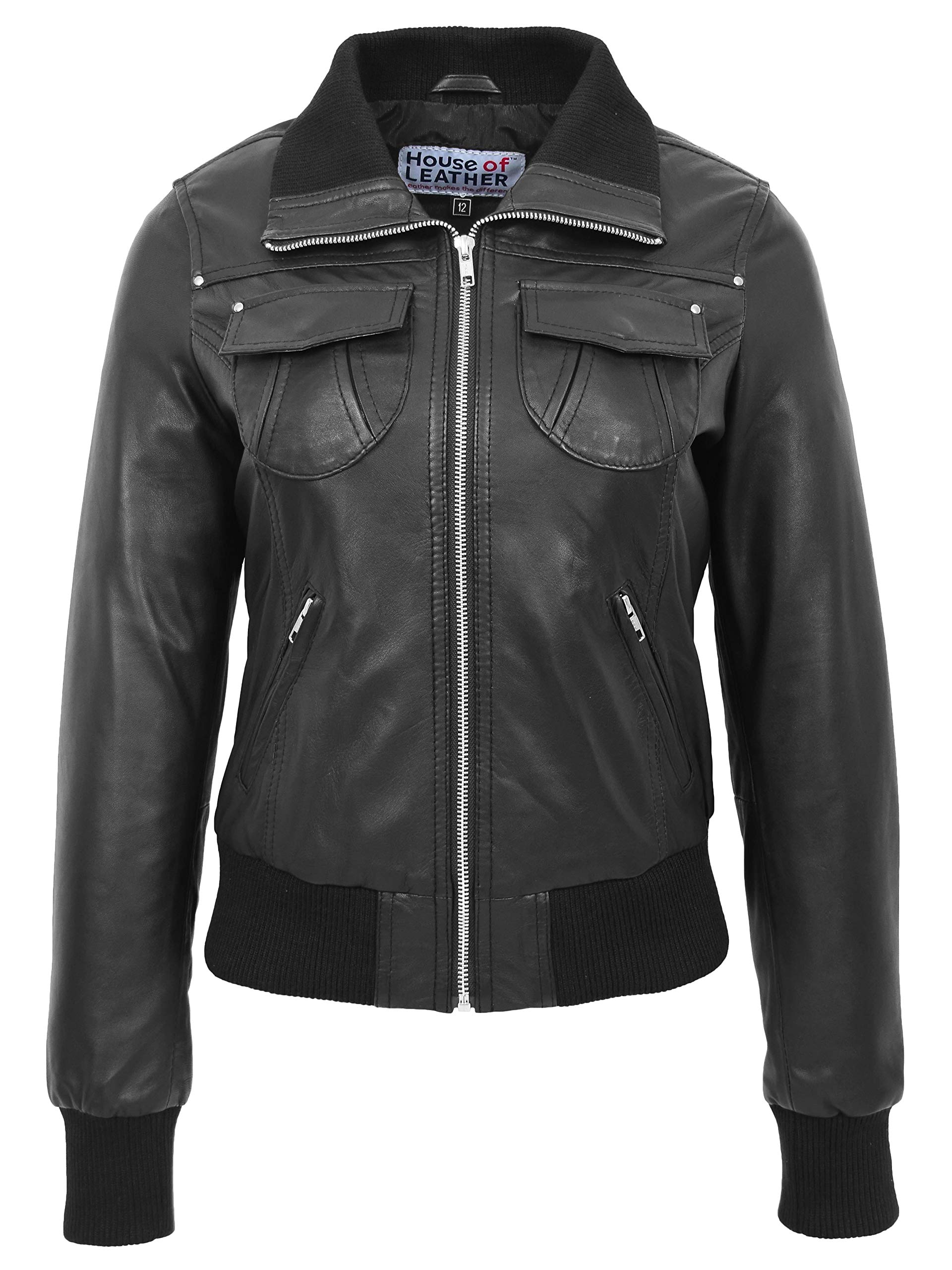Womens Real Leather Bomber Jacket Slim Fit Blouson Motto (16, Black)