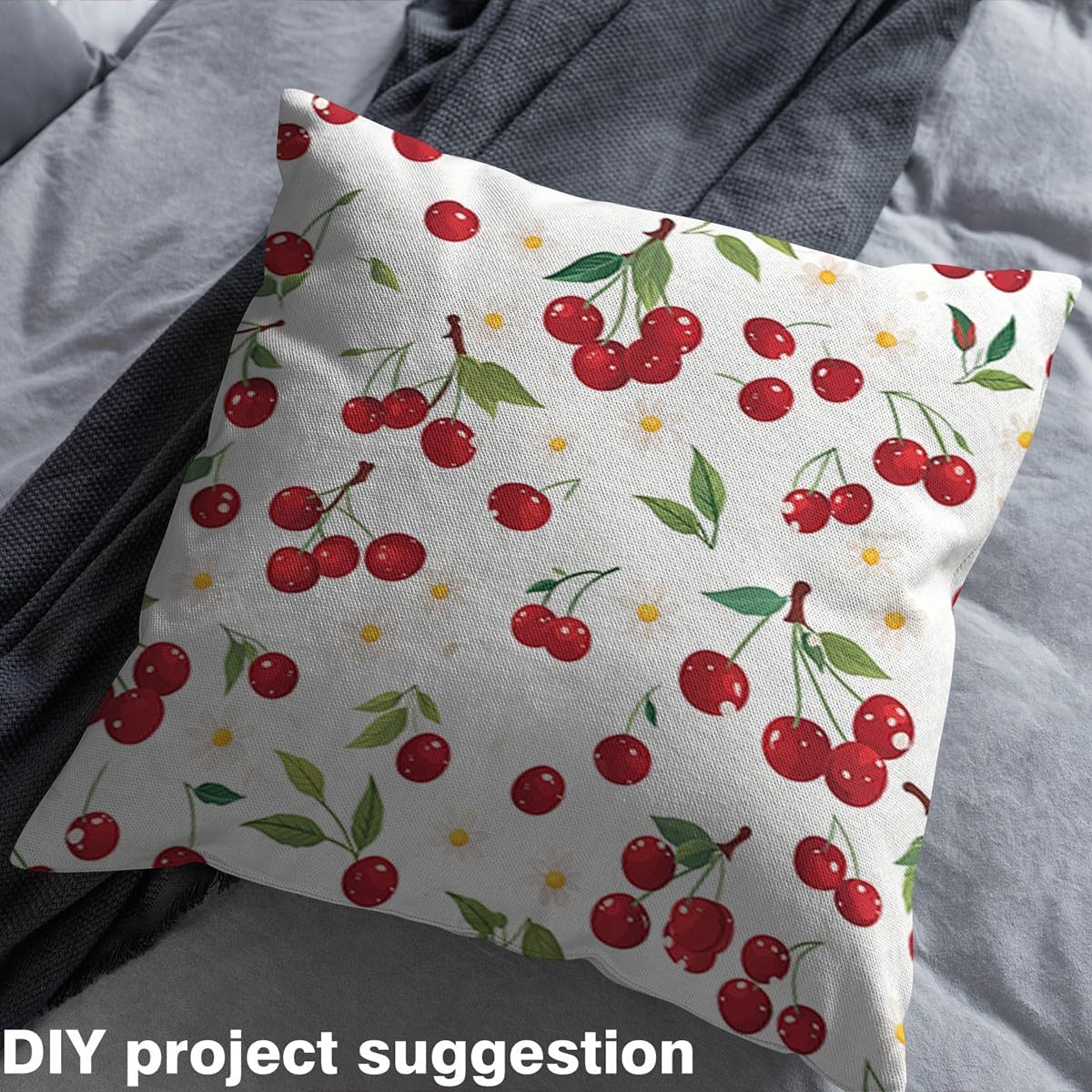 Watercolor Cherry Fabric by The Yard,White Daisy Red Fruits DIY Art Fabric,Summer Fruits Watercolor Floral Outdoor Fabric,Cartoon 3D Cherry Plants Soft Flannel Polyester Fabric,10 Yards,360"L x 59"W