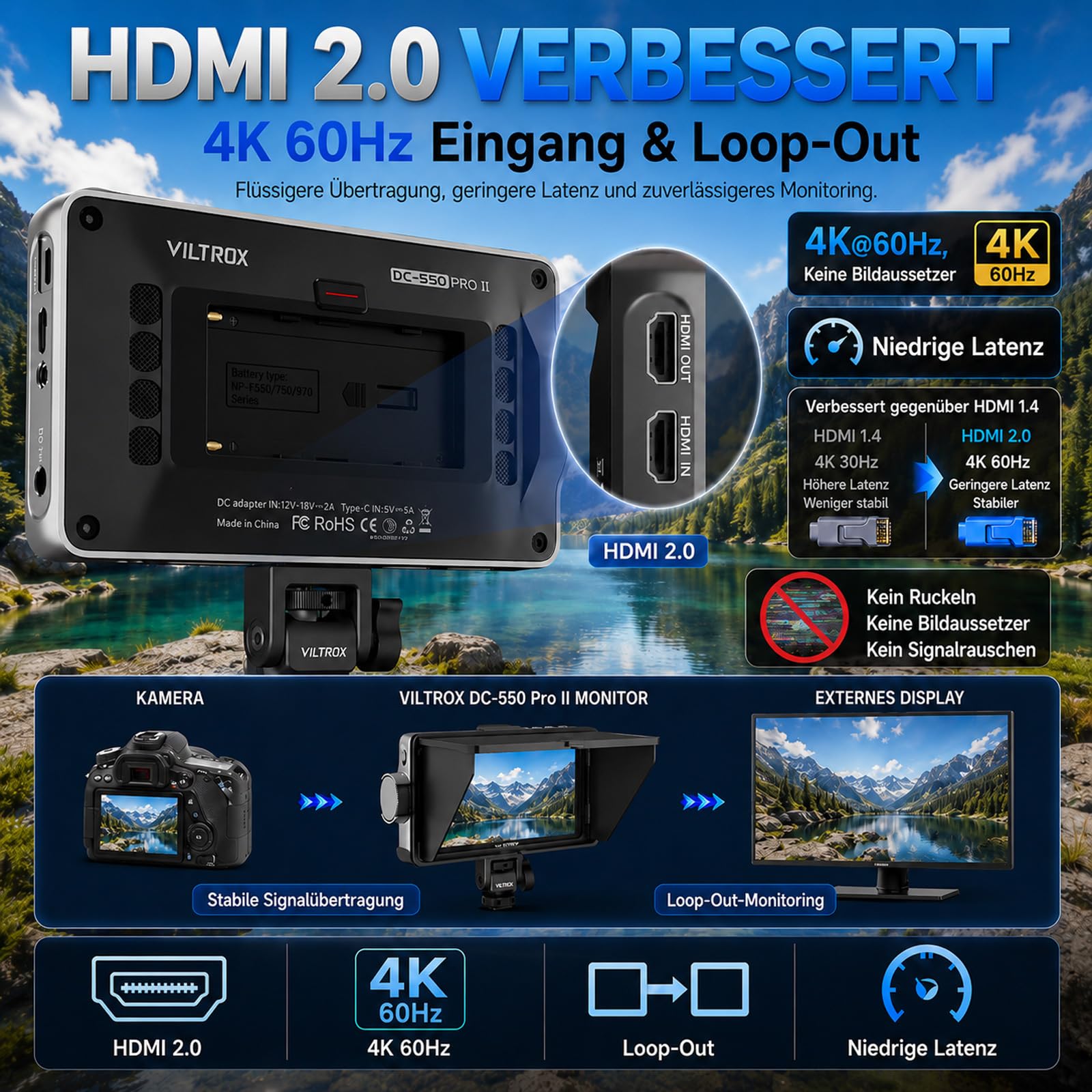 VILTROX DC550 PRO II 5.5" Kamera Feld Monitor DC-550 PRO(2026)für DSLR Touchscreen Kamera Monitore 4K 1400Nits Externer Kamera Monitor für Sony Canon Nikon 3D LUT 1920x1080 IPS Mit Sunshield Batterie