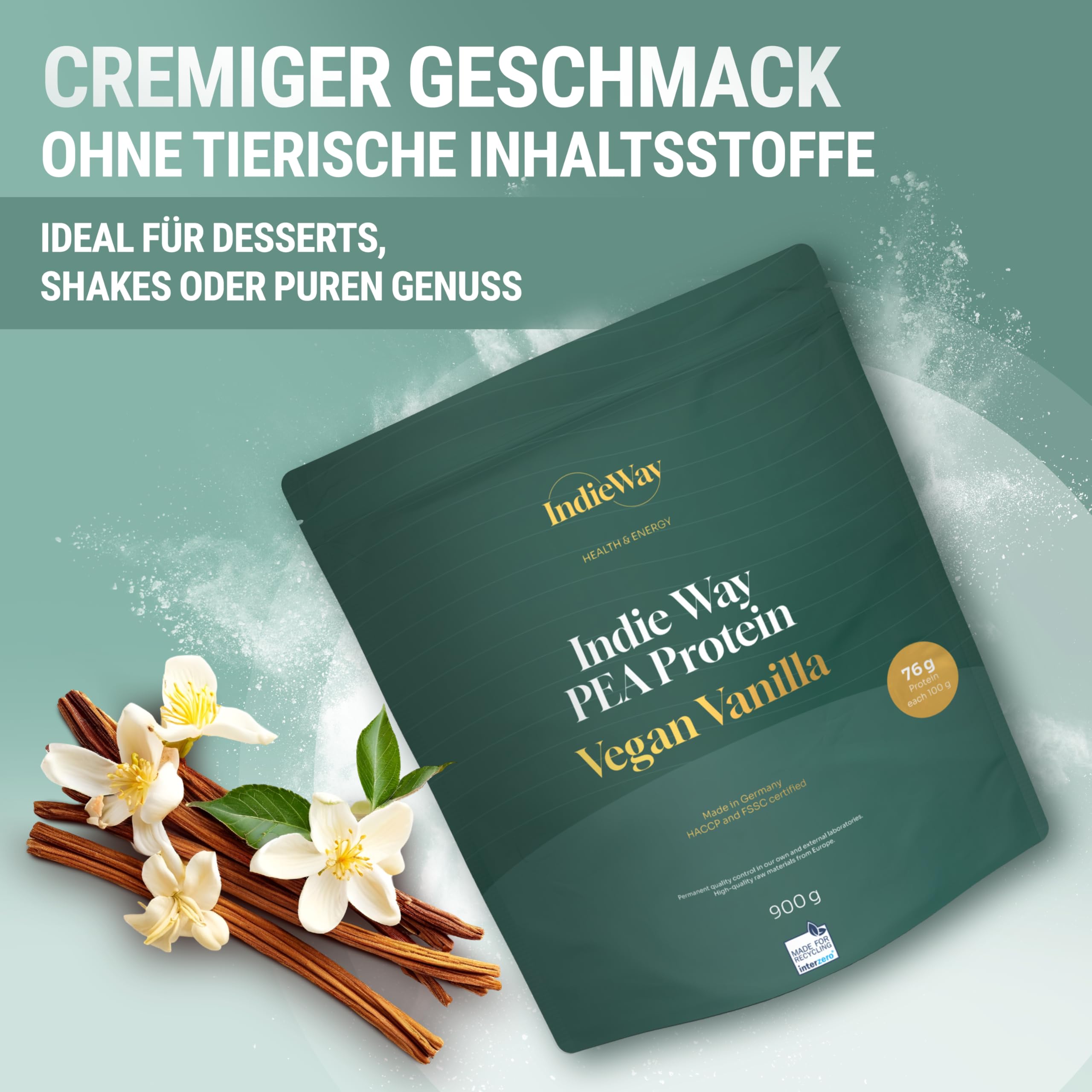 Erbsenprotein Vanilla 900 g - Veganes Protein-Pulver mit Vanille-Geschmack - 76 g Eiweiß auf 100 g - Eiweißpulver für Proteinshakes