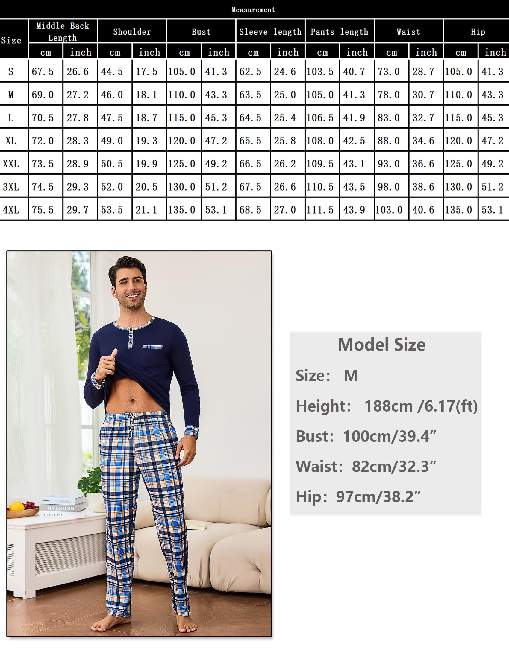 Litherday Schlafanzug Herren Lang Baumwolle Zweiteiliger Pyjamas Set