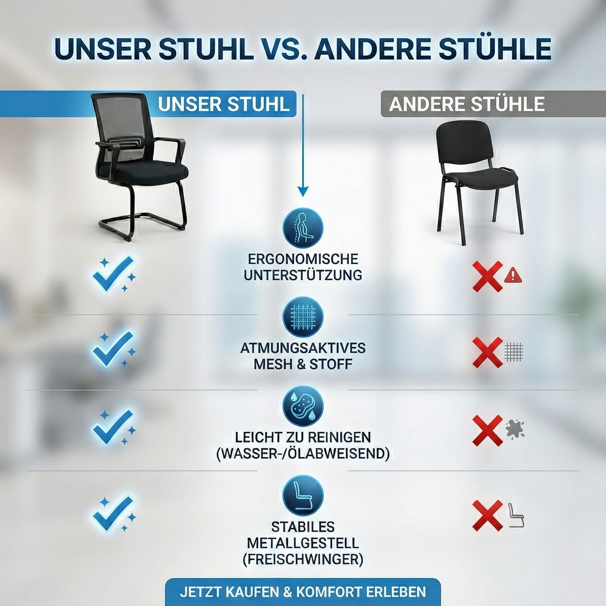 VALKENSTOL K1 Konferenzstuhl Freischwinger Schwarz mit Armlehne - Ergonomischer Besucherstuhl mit verstellbarer Lordosenstütze & Netzrücken - Robuster Bürostuhl ohne Rollen, Wasserabweisend, bis 150kg