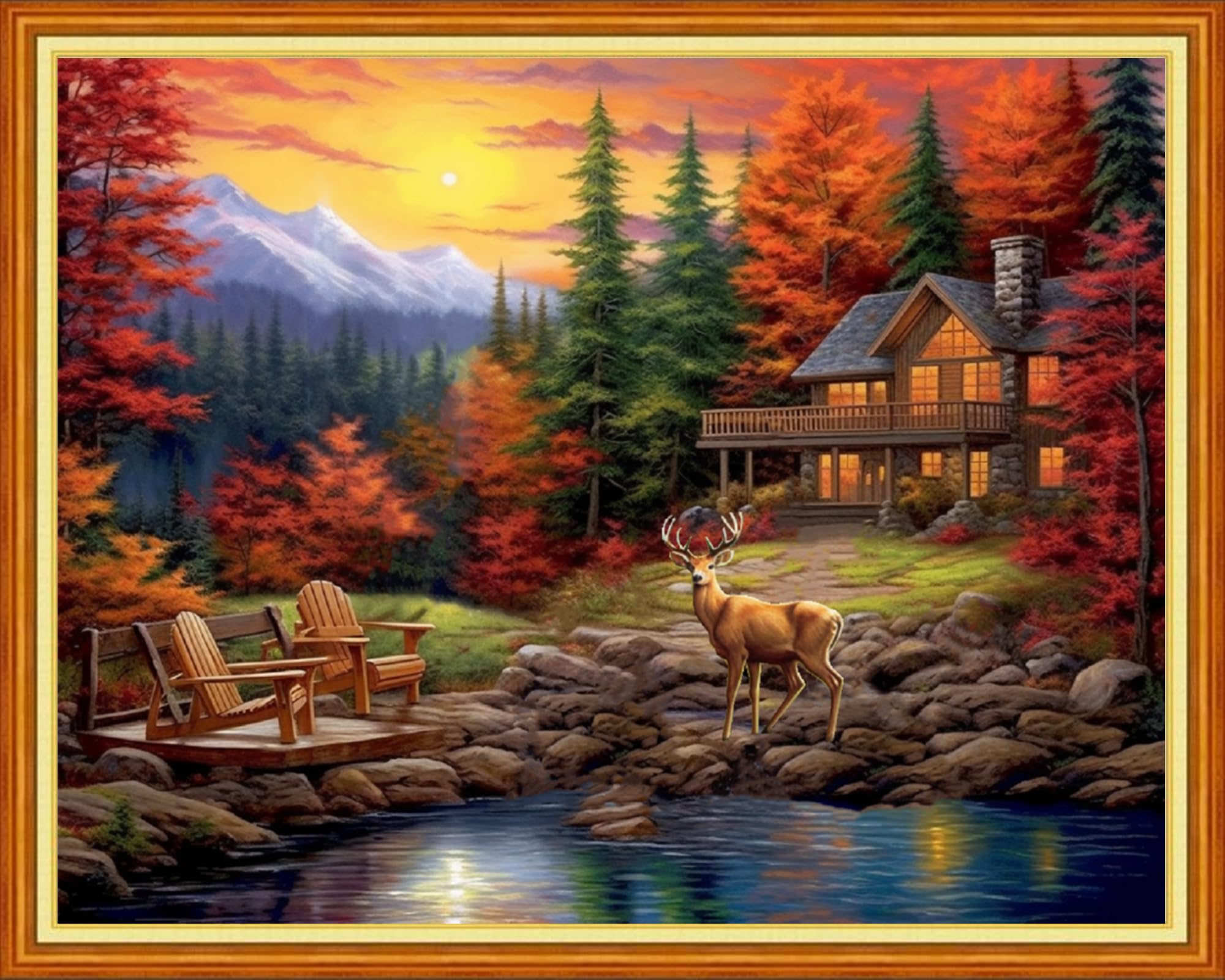 Foxdiviy Stamped Cross Stitch Kits Full Range of Embroidery Needlework Starter Kits for Beginners Adults 11CT Embroidery Patterns Art Crafts DIY Needlepoint Kits-Golden Autumn Scenery 16x20 inch