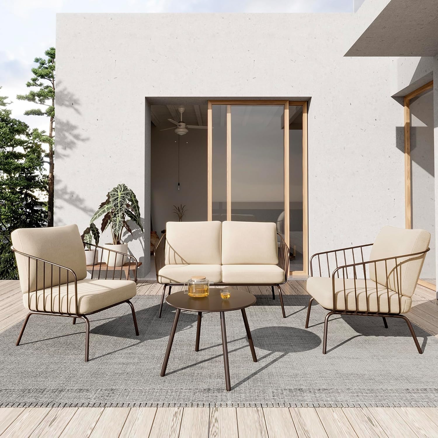 EAST OAK 4-Piece Plaza Patio Furniture Set, Outdoor Furniture with Thick Cushion Sofa and Coffee Table, Modern Patio Conversation Set for Garden, Backyard and Porch, Brown & Beige 4-Piece Brown & Beige