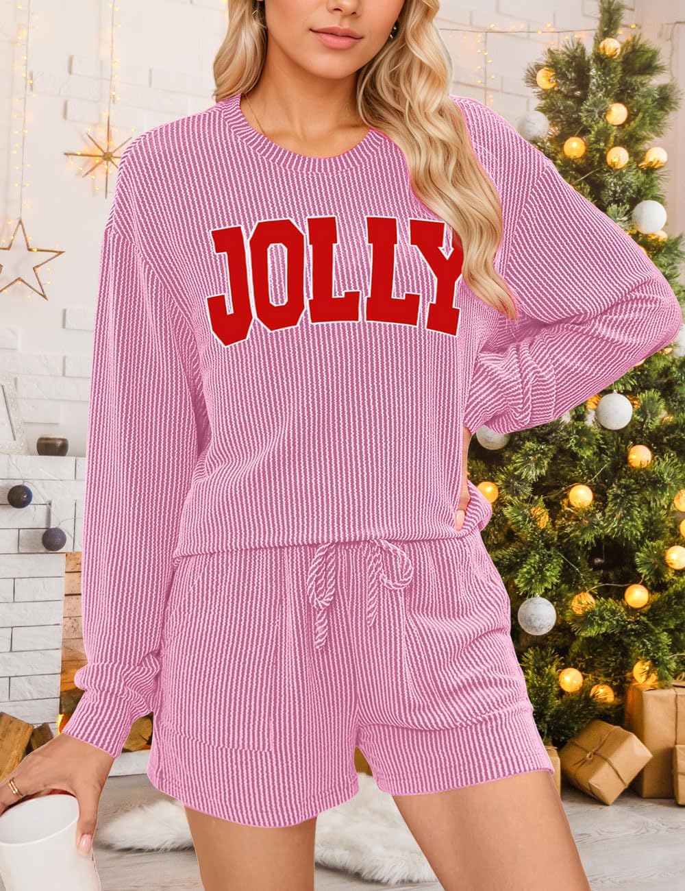 Deer Lady Two Piece Sets for Women 2026 Fall Outfits Ribbed Long Sleeve Top and Shorts Pajama Pocketed Matching Lounge Set - Image 4