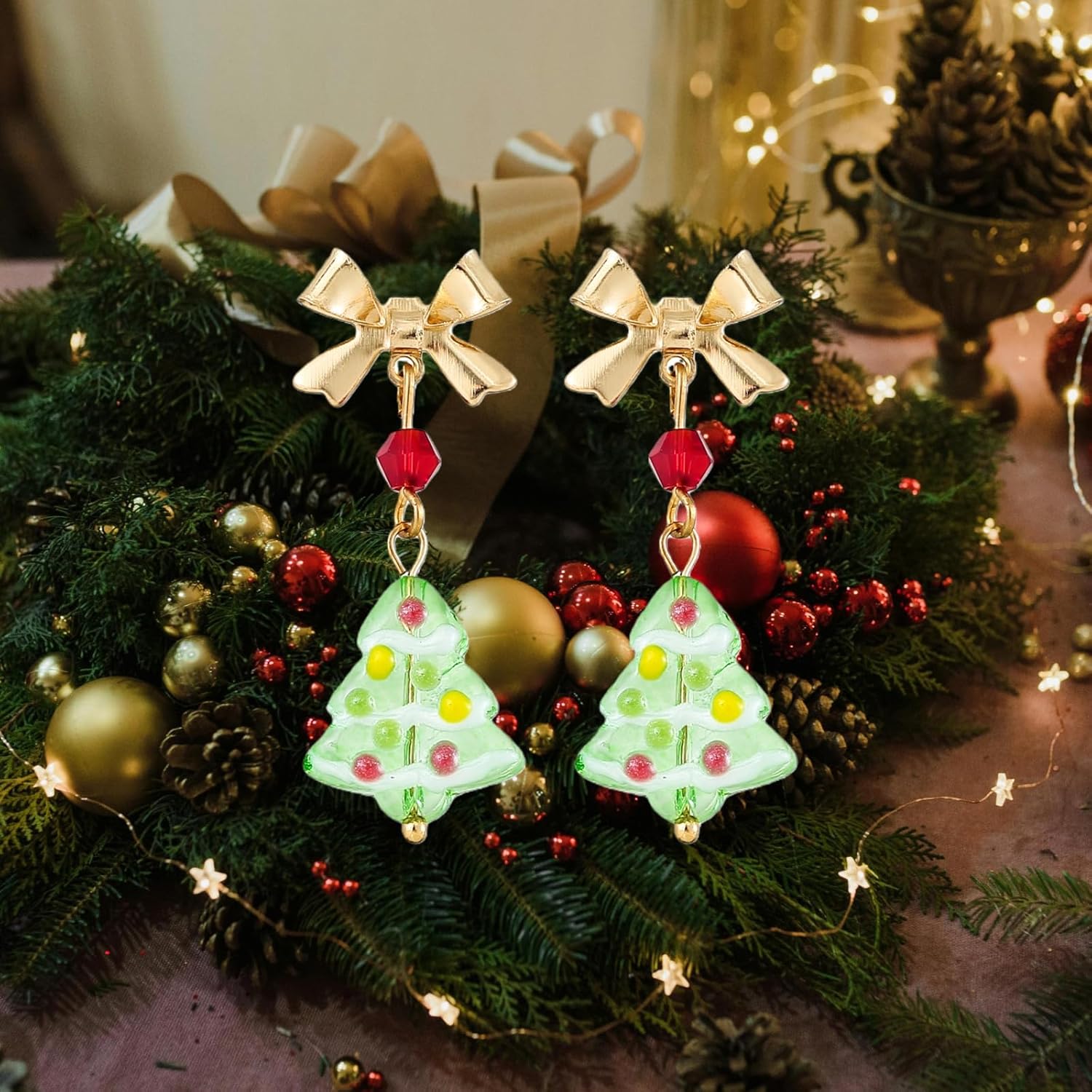 Christmas Tree Drop Dangle Earrings for Women Cute Gemstone Bow Knot Ribbon Earrings Xmas Holiday Costume Accessory New Year Party Jewelry - Image 3