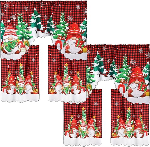Juego de 6 cortinas de cocina de Navidad, juego de cortinas de ventana y cenefa, muñeco de nieve, árbol de Navidad, gnomo, búfalo, cortinas de