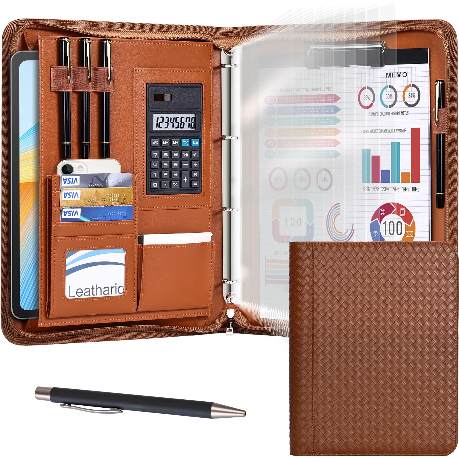 Leathario Portfolio Folder A4, Vegan Leather 4-Ring Conference Folder, Includes 10 Clear Sheet Protectors and a Pen, Multi-Pocket Travel Document Holder Organiser, Office Supplies