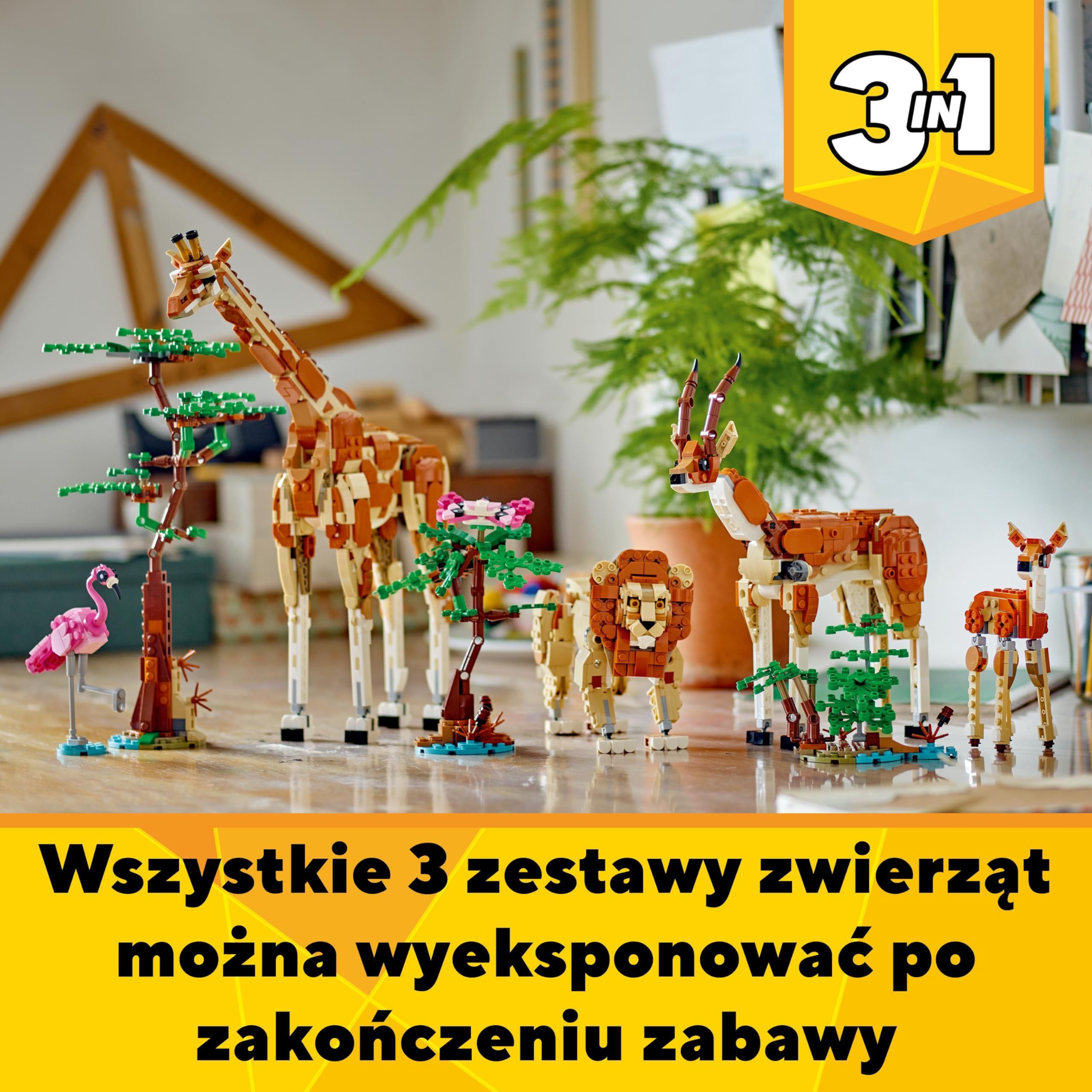 LEGO Creator 3 w 1 Dzikie zwierzęta z safari 31150 | Zestaw klocków konstrukcyjnych, figurka żyrafy do przebudowy na lwa lub gazele, prezent dla dzieci od 9 lat, 780 elementów