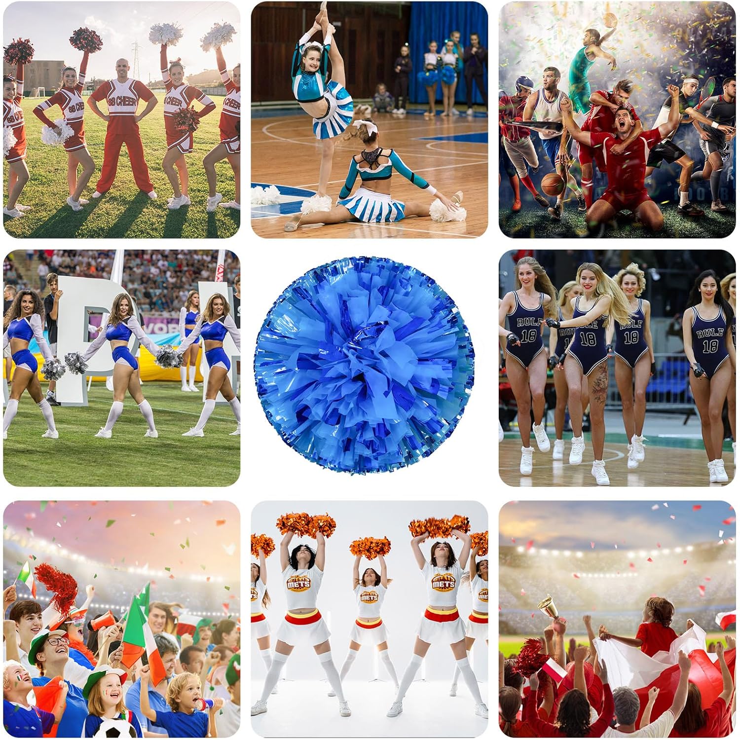 8 Pcs Cheerleading poms,pom poms Cheerleading with Finger Holes Metallic Foil Cheer Pom Pomsfor Dance, Matches, Team Spirit Sports (Mixed Blue)