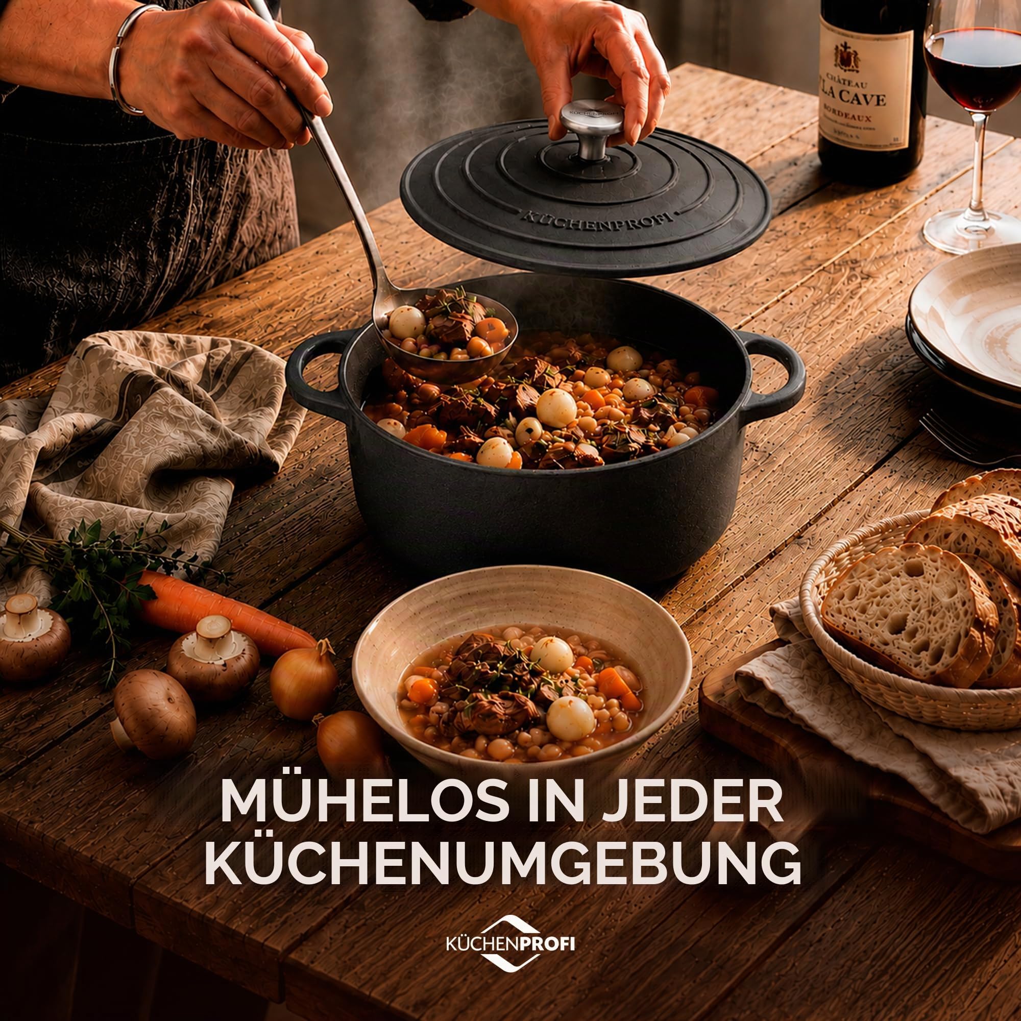 Küchenprofi Bratentopf PROVENCE rund emailliertes Gusseisen mit Deckel schwarz, für alle Herdarten und Induktion, energiesparend, aromaschonend - Fassungsvermögen: 5,3l, Durchmesser: 26 cm, 401001026