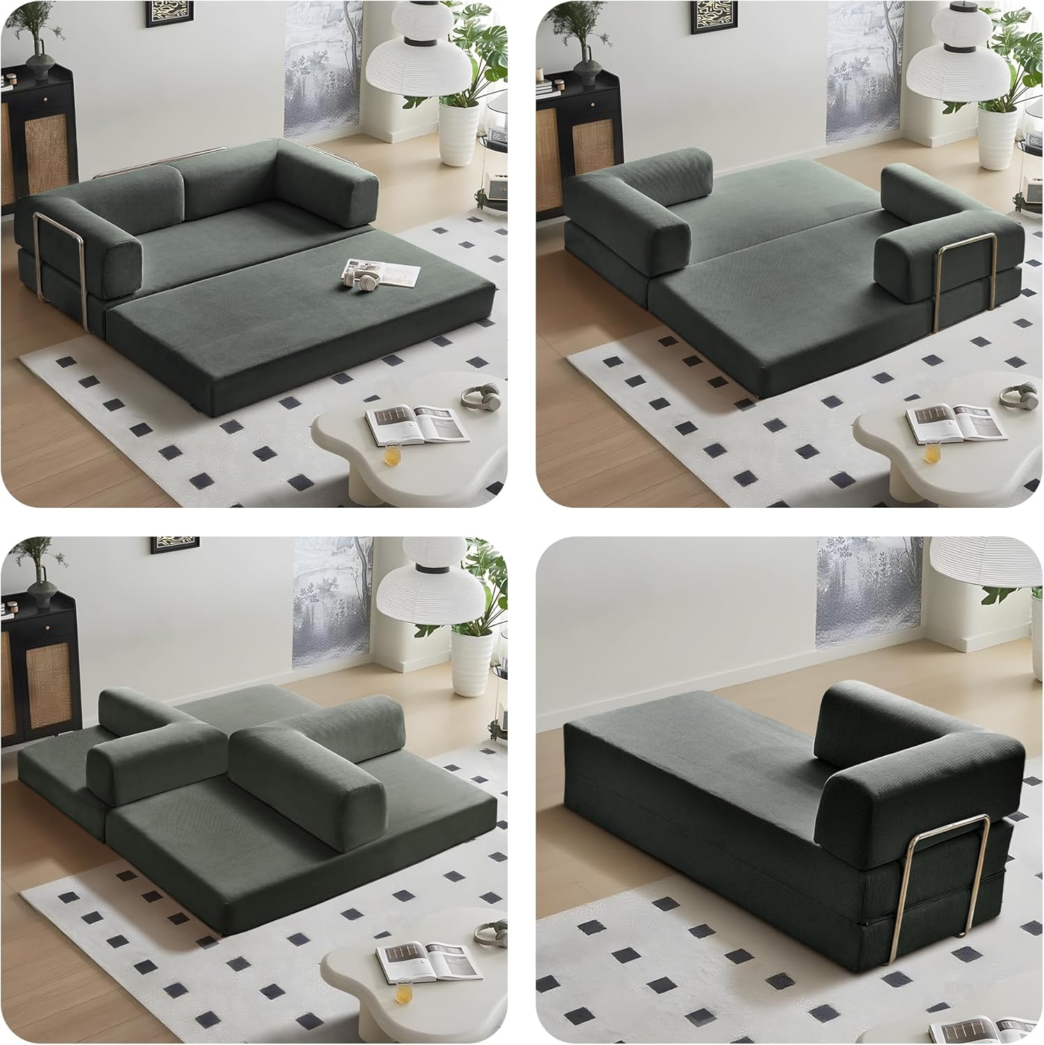 Convertible Folding Sofa Bed, 4-in-1 Foldable Loveseat Sleeper Corduroy Floor Sofa Comfy Pull Out Modular Futon Couch for Living Room Apartment Bedroom, Grey