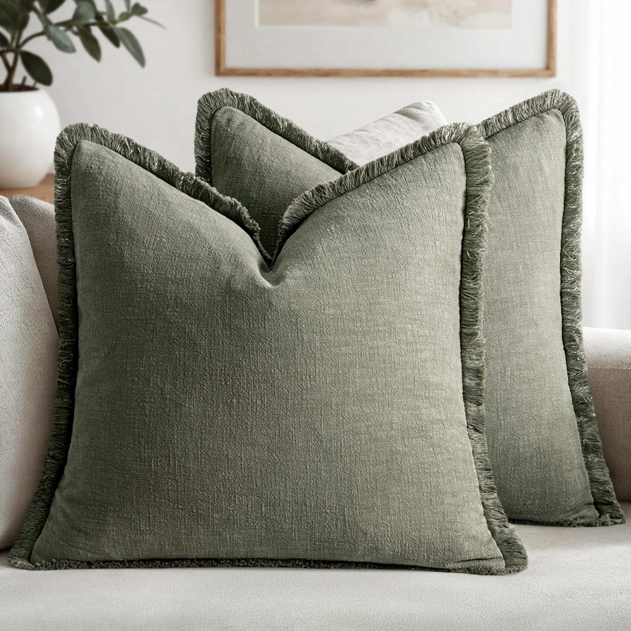 MIULEE Decorative Throw Pillow Covers Neutral Linen Fringe Throw Pillows Euro Shams Set of 2 Light Olive Green Boho Farmhouse Cushions for Couch Sofa