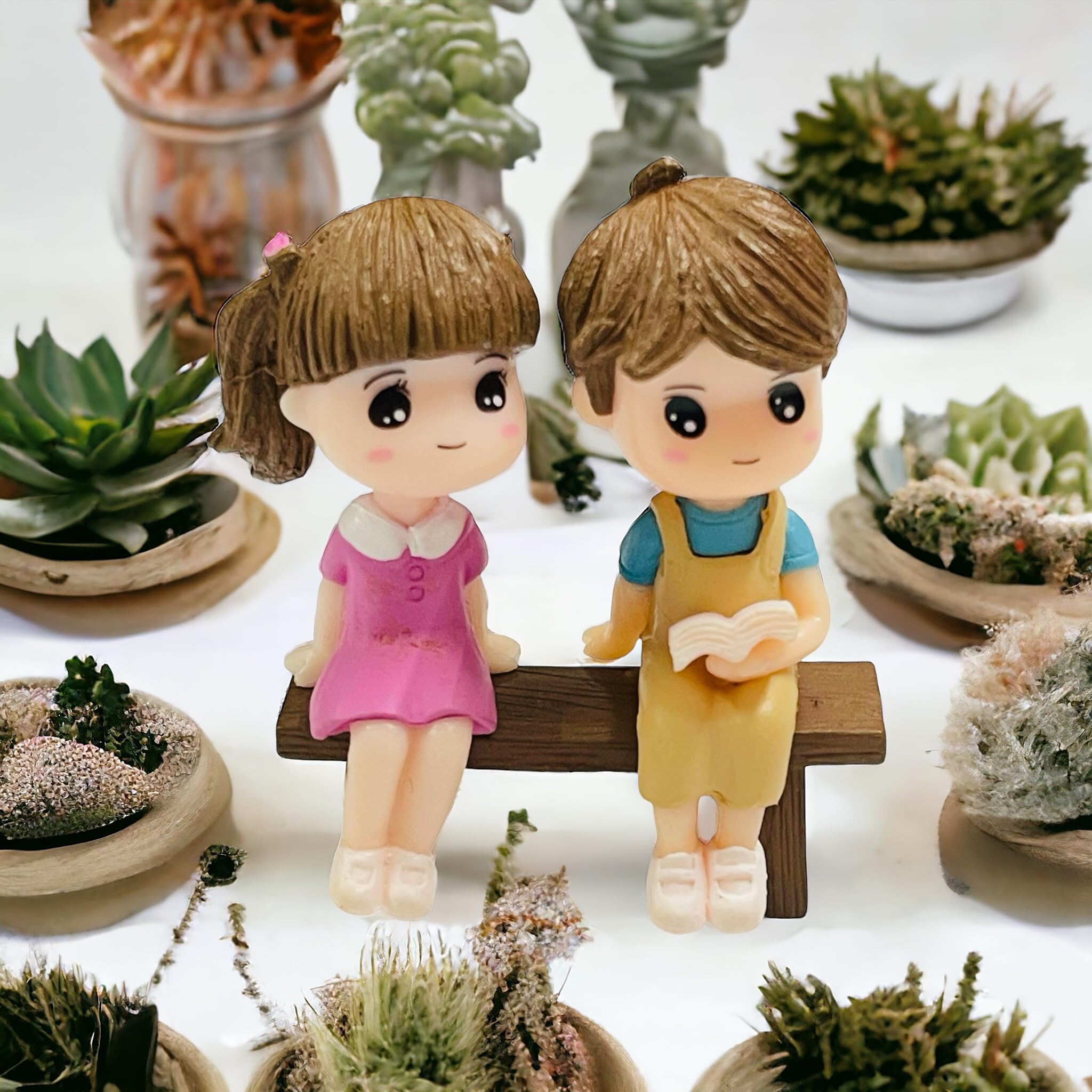 Moira Miniature Doll Figures Resin Multi Color for Dollhouses/Cake Toppers/Terrariums/Fairy Garden/Plants Decor (Child Couple Sitting on Stool)
