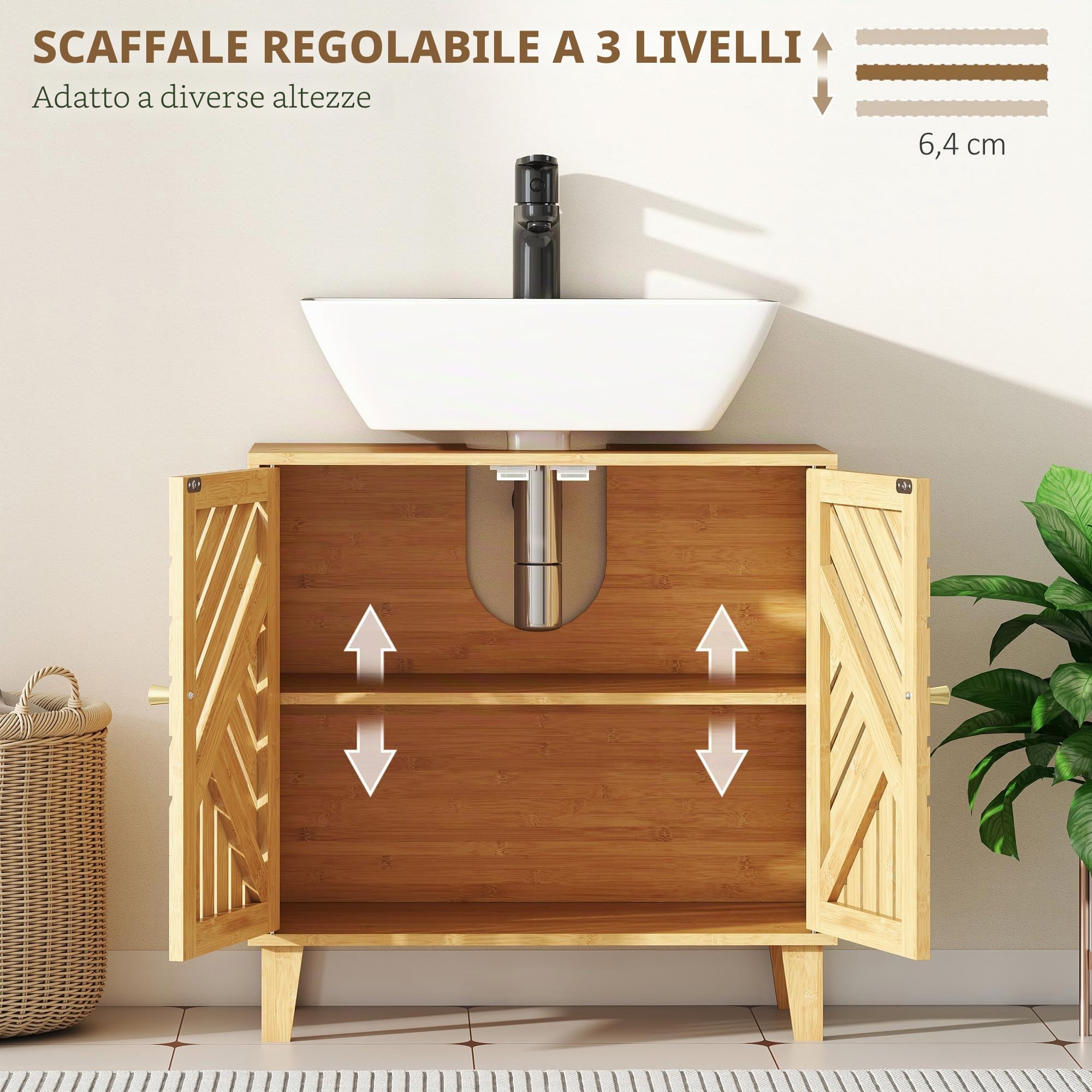 HOMCOM Mobiletto sottolavabo in bambù libero ante a lamelle naturale