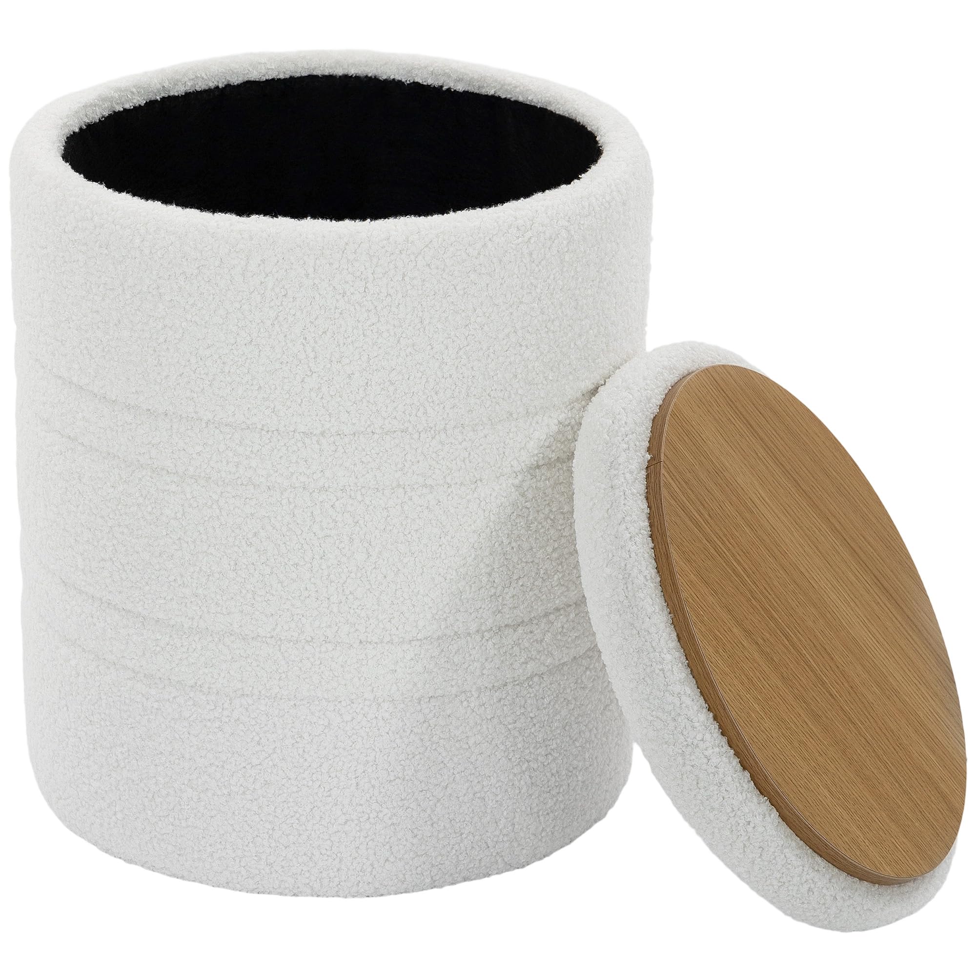 HOMCOM Puff Almacenaje Banco Almacenaje 33 L Redondo Ø36,5x46,5 cm Blanco | Baúl de Almacenamiento con Tapa, Tapizado en Borreguito, Carga 120 kg, Taburete para Salón, Dormitorio o Recibidor