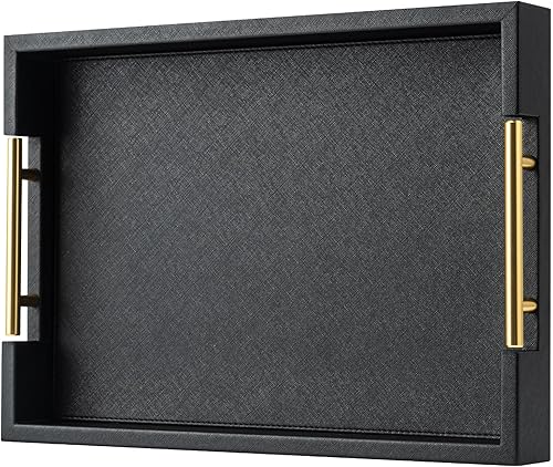 Bandeja rectangular negra con asas doradas para fiestas, bandeja decorativa de madera grande para otomana, bandeja decorativa de cuero sintético