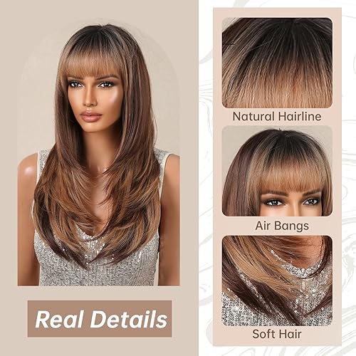 Miniatura 3 de Allbell - Pelucas de color marrón miel para mujer, largas, lacias, en capas, sintéticas, con flequillo, resistentes al calor, para uso diario en