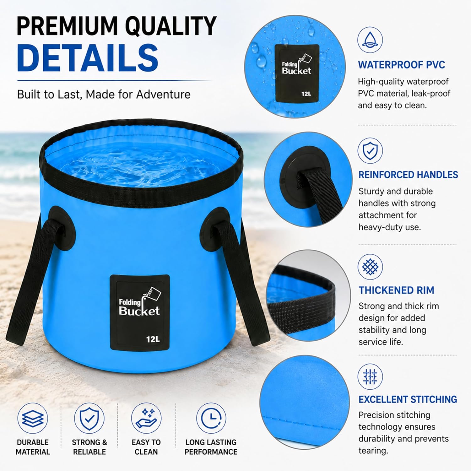 3.2 Gallon Collapsible Bucket with Handle,Foldable Water Storage Container, Portable Water Bucket for Camping Fishing Beach Gardening, Collapsible Bucket for Car Washing(12L-Blue) image 3