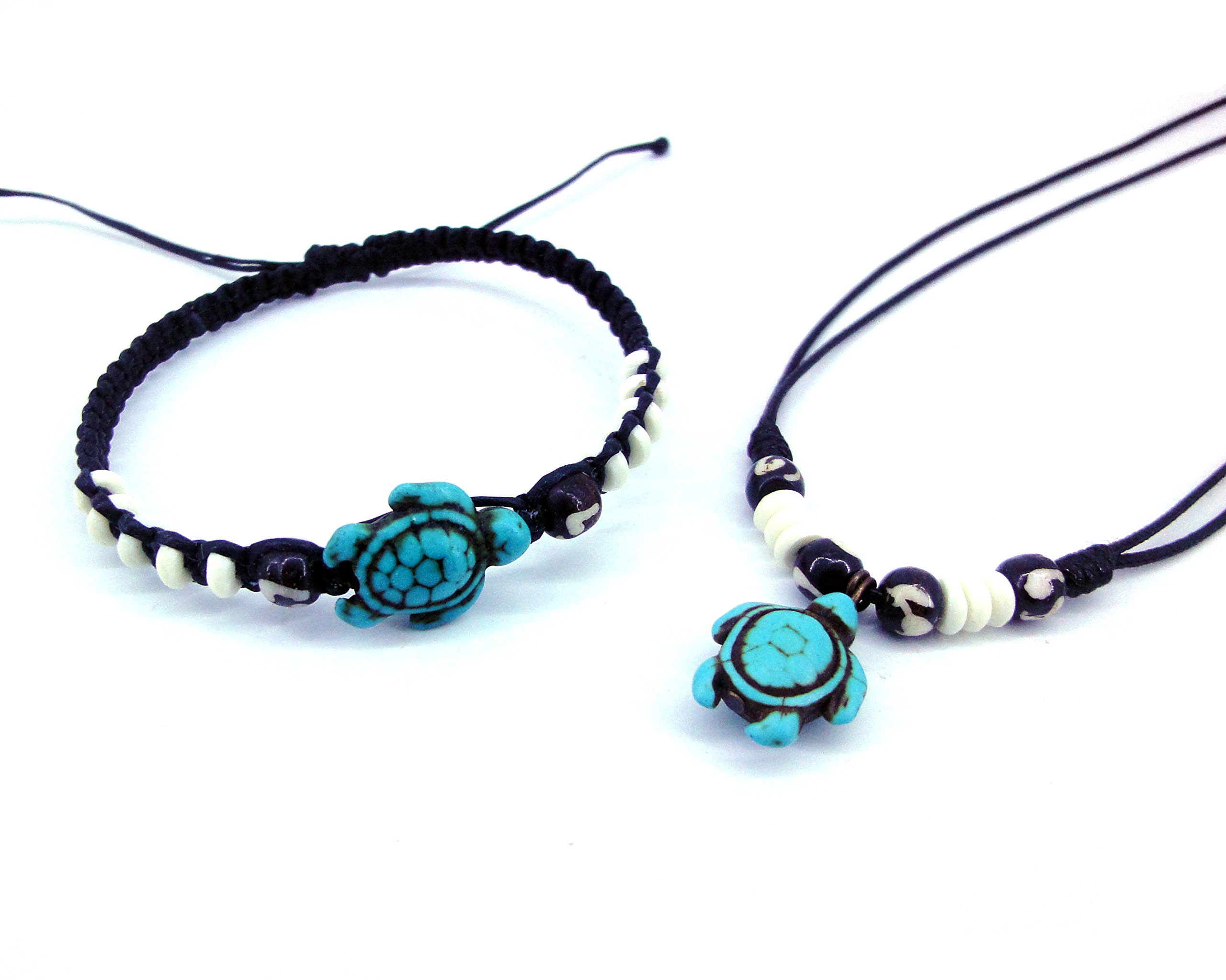 LAVIP LeatherNecklace and Bracelet with Turtle in Turquoise Color Hawaiian Sea Turtle Bracelet Black Hemp Bracelet