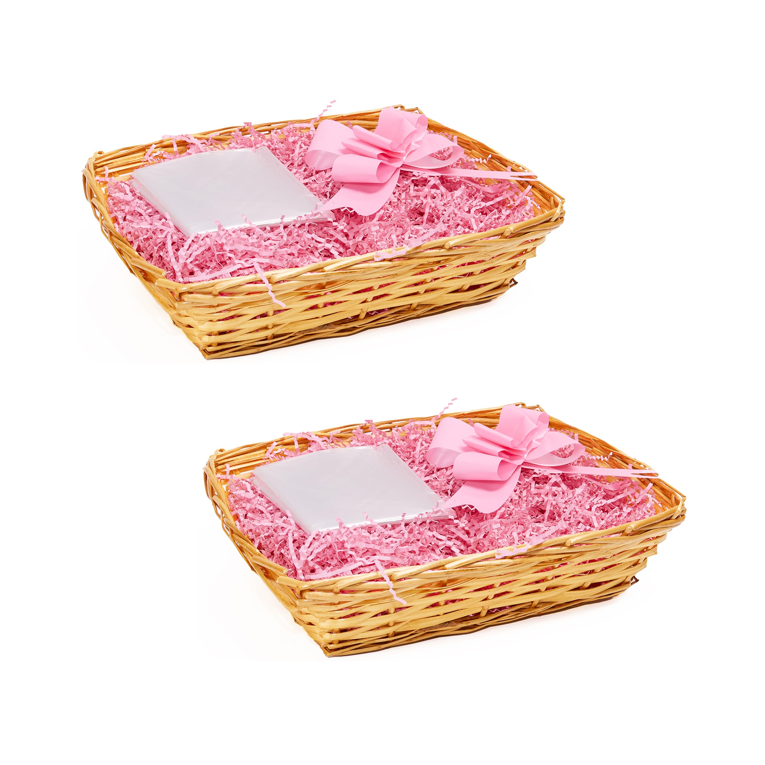2PCS Honey Wicker Hampers DIY Gift Basket Hamper Kit Shredded Paper Cello Wrap Pull Bow (Pink)