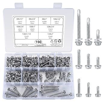 280-Piece Self-Tapping TEK Screw Assortment Kit - #8 & #10 Sizes, 410 Stainless Steel, Hex Head For Wood & Metal