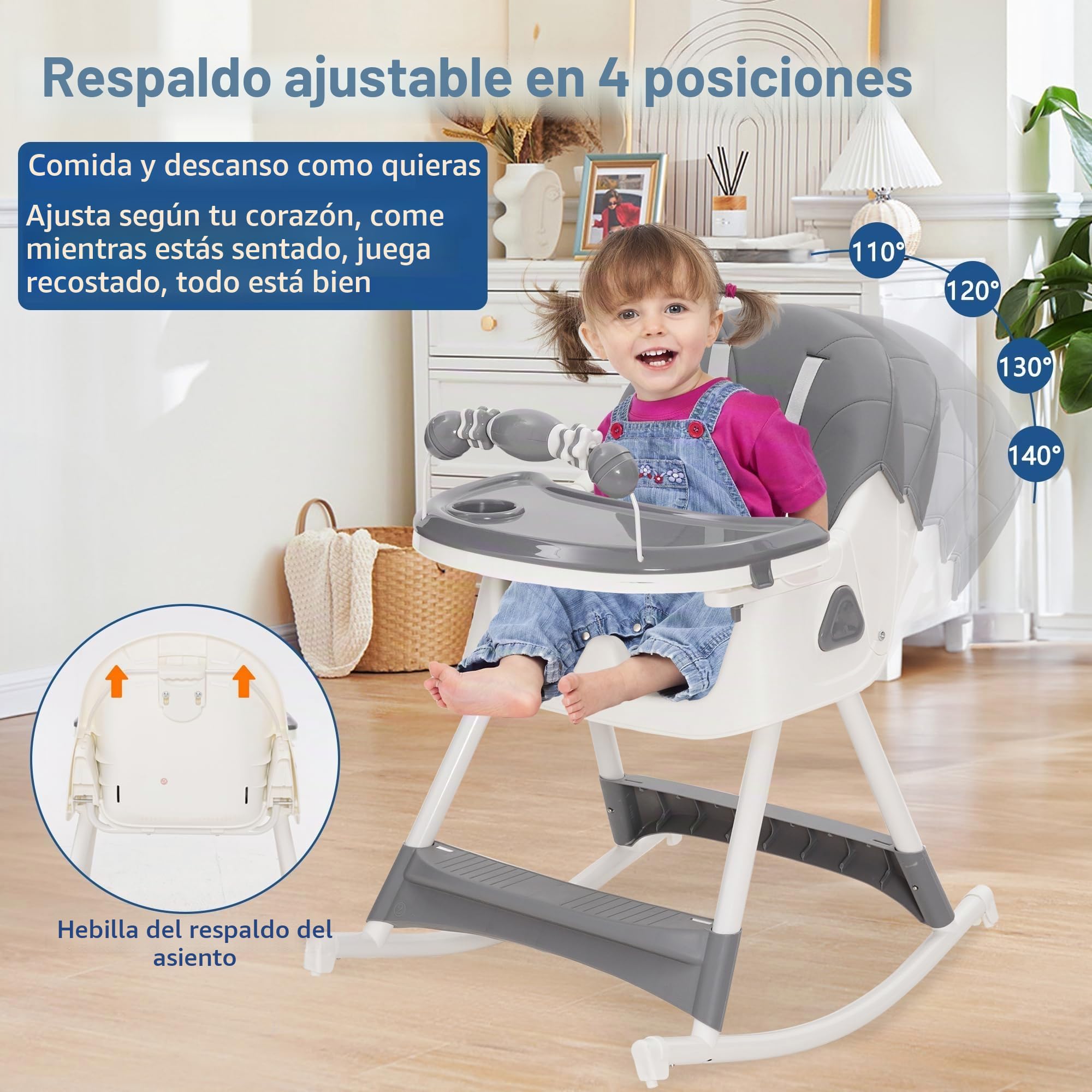 Trona bebé Plegable 3 en 1, 3 Posiciones, Reclinable con Ruedas y Doble Bandeja Extraíble, Asiento Reposapiés con Estante para Juguetes, Altura Regulable para Bebés de 6+ Meses