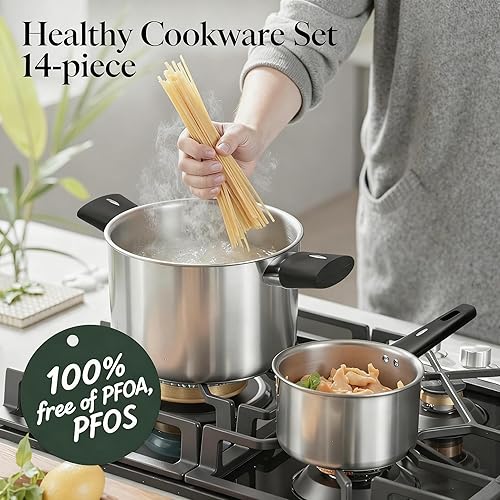 Miniatura 2 de Juego de utensilios de cocina de acero inoxidable, juego de ollas y sartenes de 14 piezas, juego de utensilios de cocina con mango de enfriamiento