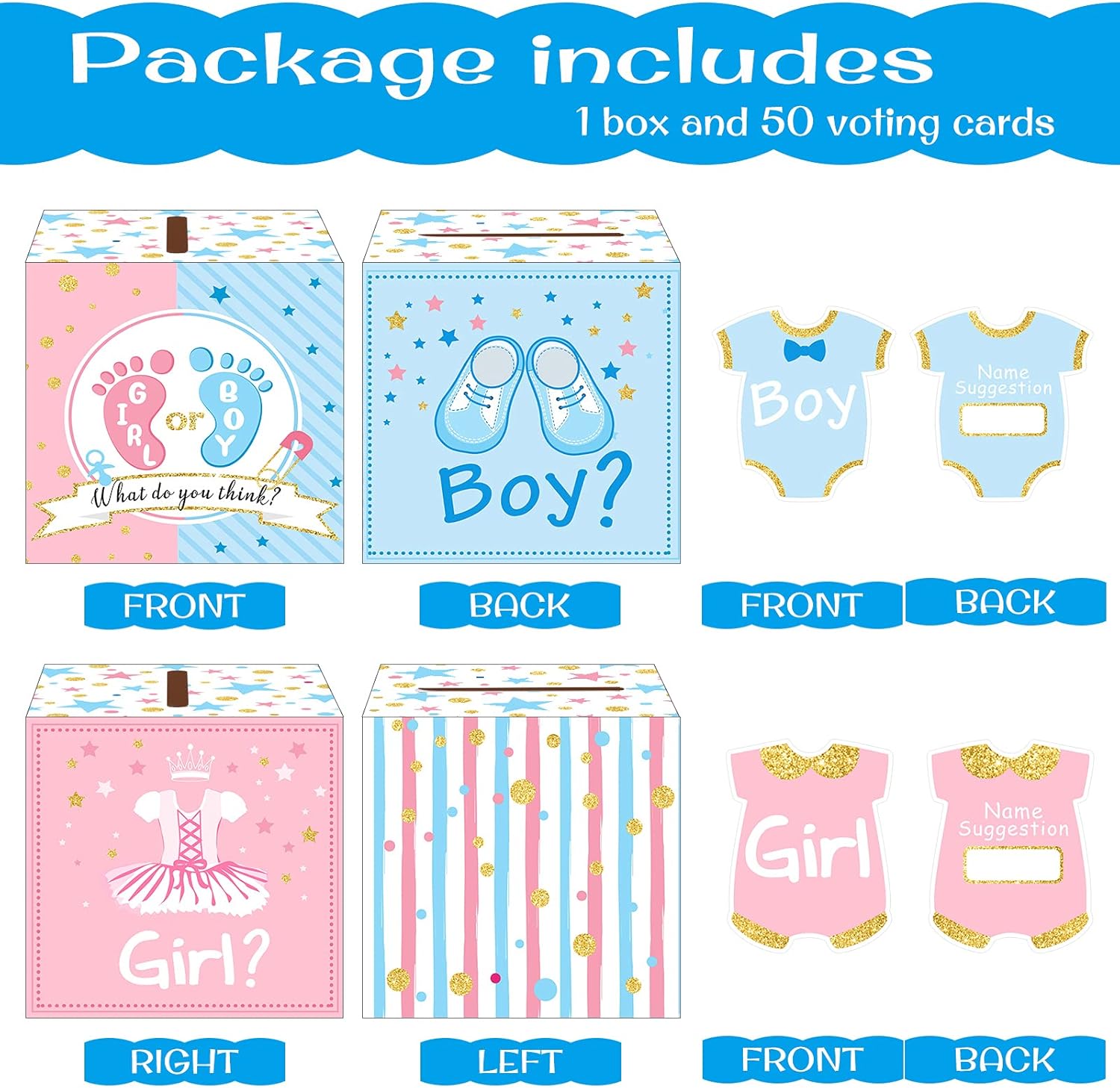 Saintrygo Baby Gender Reveal Voting Box with 50 Pieces Boy or Girl Ballot Cards Baby Shower Decorations Party Invitations and Voting Games Gender Reveal Party Supplies(Pink, Blue)