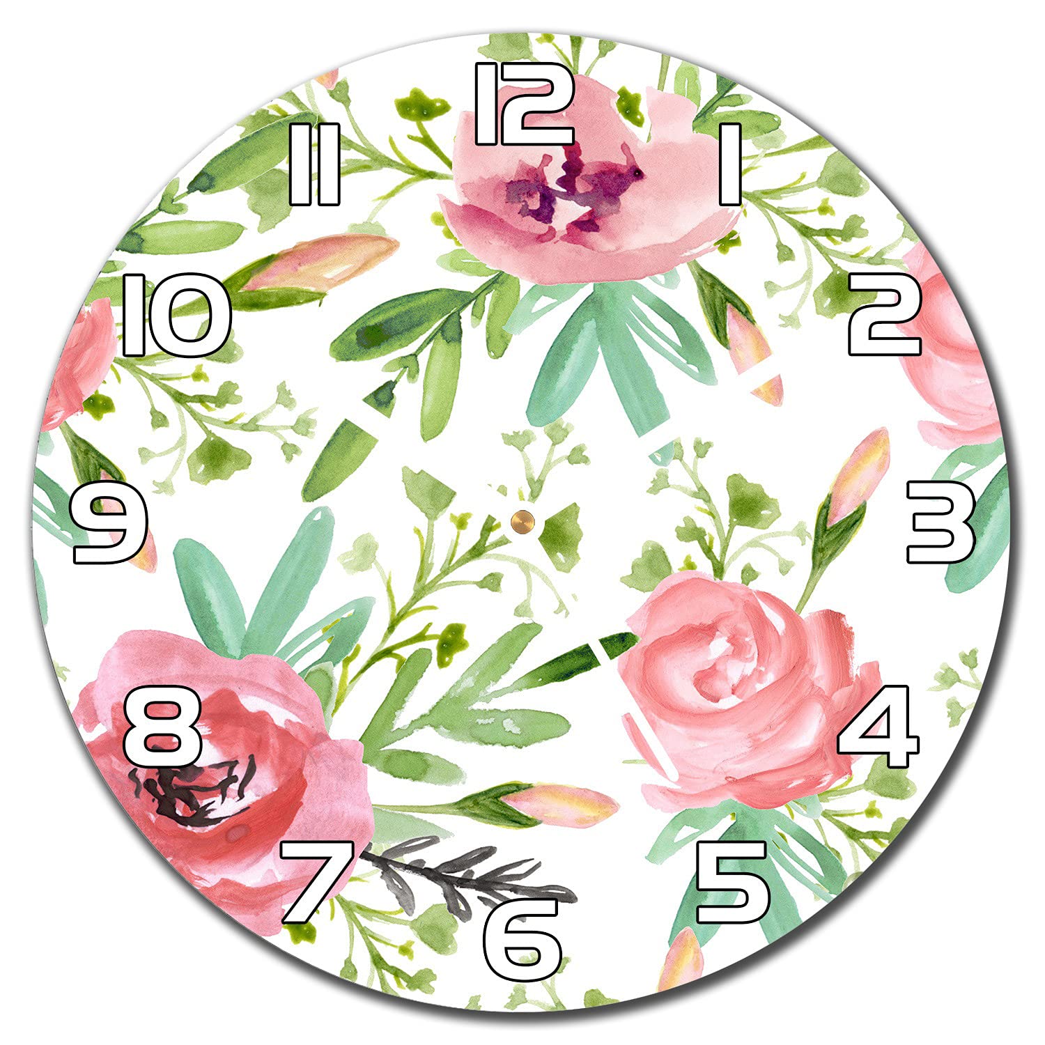 Horloge silencieuse en verre 30 cm Aquarelle De Fleurs aiguilles blanches