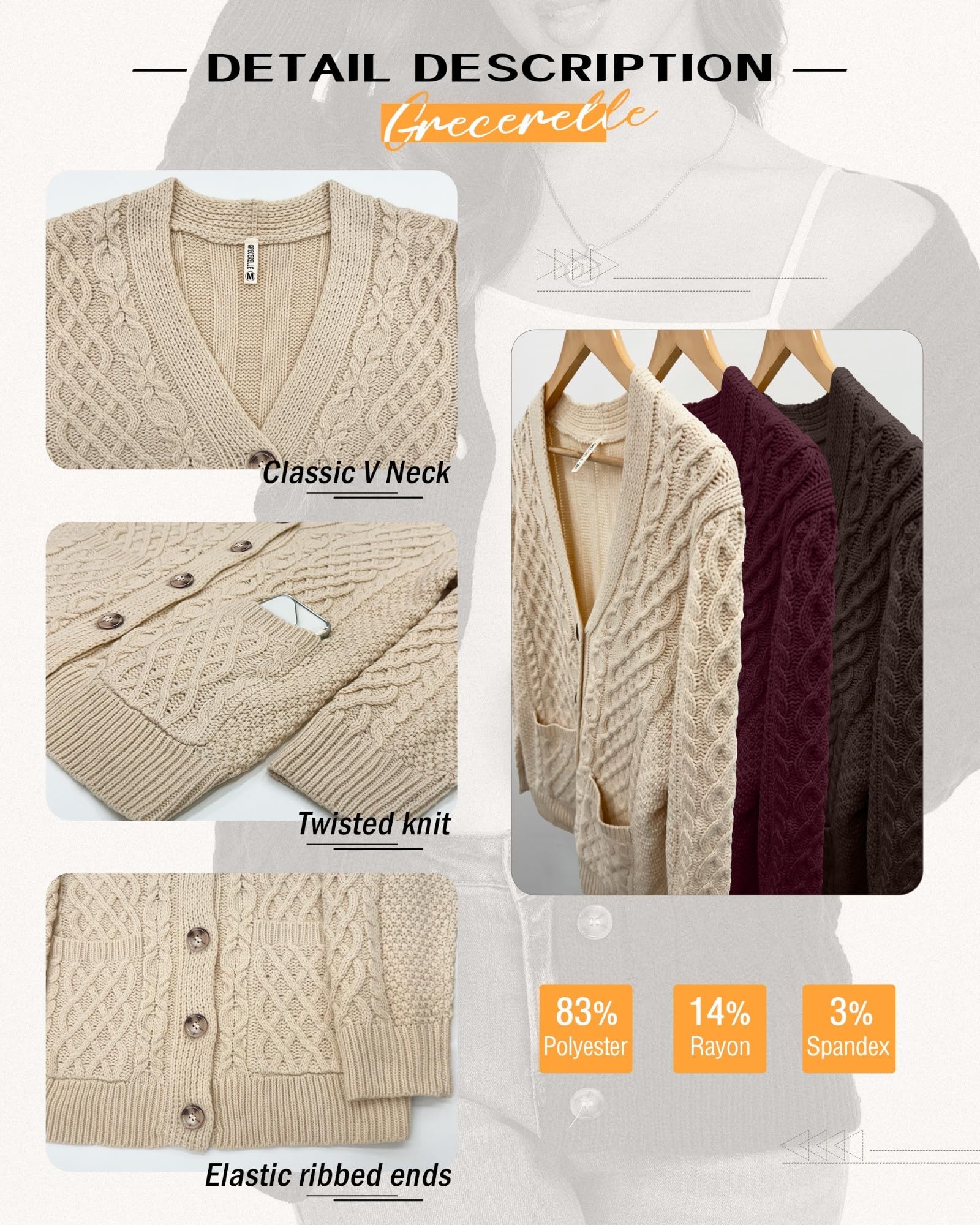 GRECERELLE Cardigan en tricot Aran à manches longues boutonné surdimensionné pour femme avec poches pour l'hiver, l'automne et le printemps