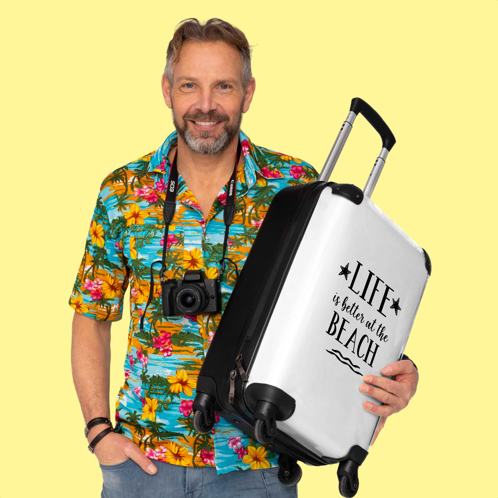 NoBoringSuitcases© Valigia Bagaglio a mano Trolley Case Piccola | viaggio con 4 ruote - 'La vita è migliore in spiaggia' - Citazioni - Stelle - Bianco - bordo