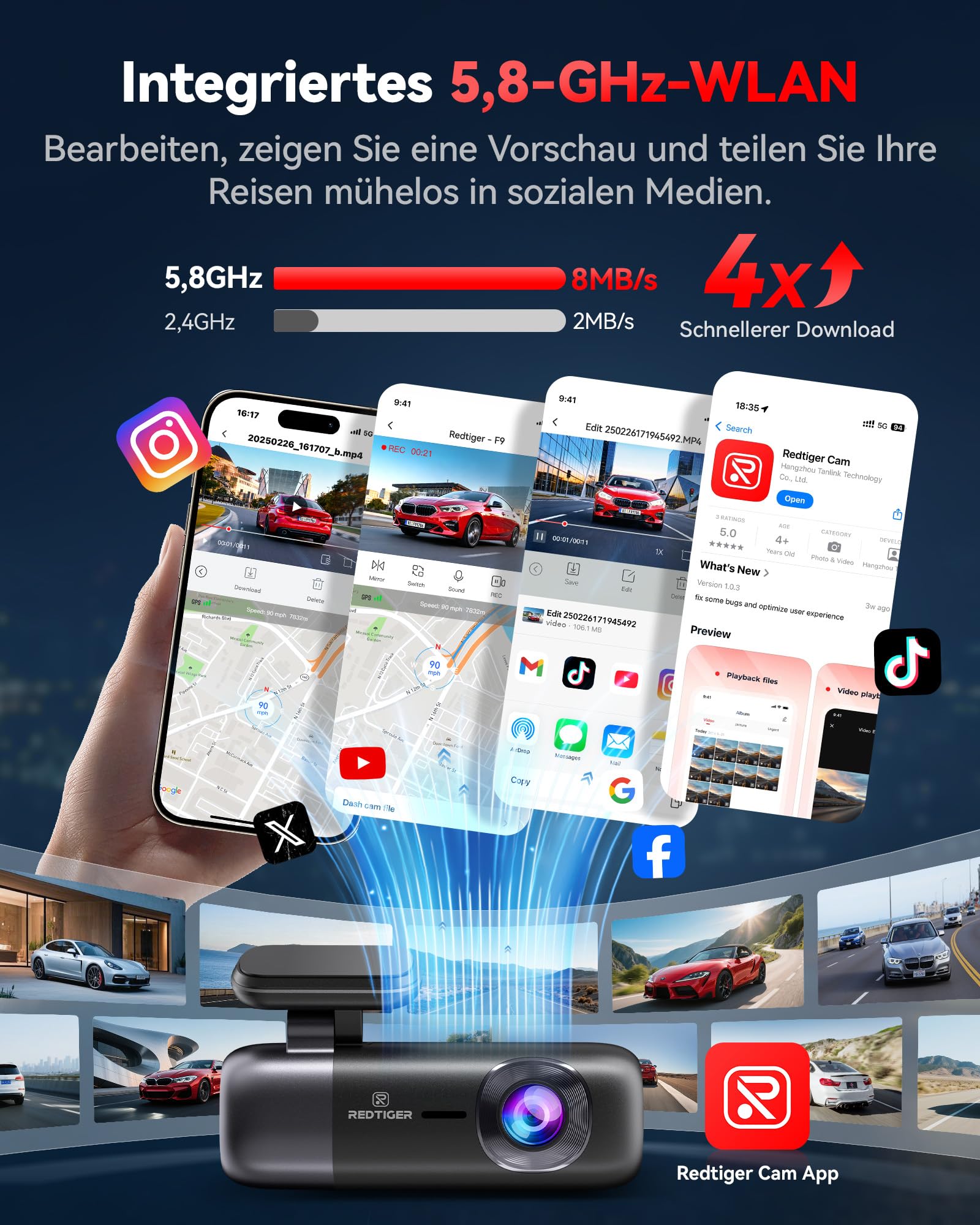 REDTIGER F9 Dashcam Auto vorne hinten 4K/1080P, 5.8GHz WiFi GPS Autokamera | Sprachansage, Schleifenaufzeichnung, Nachtsicht, Parkmodus, intelligente App-Steuerung, Unterstützung bis zu 256GB