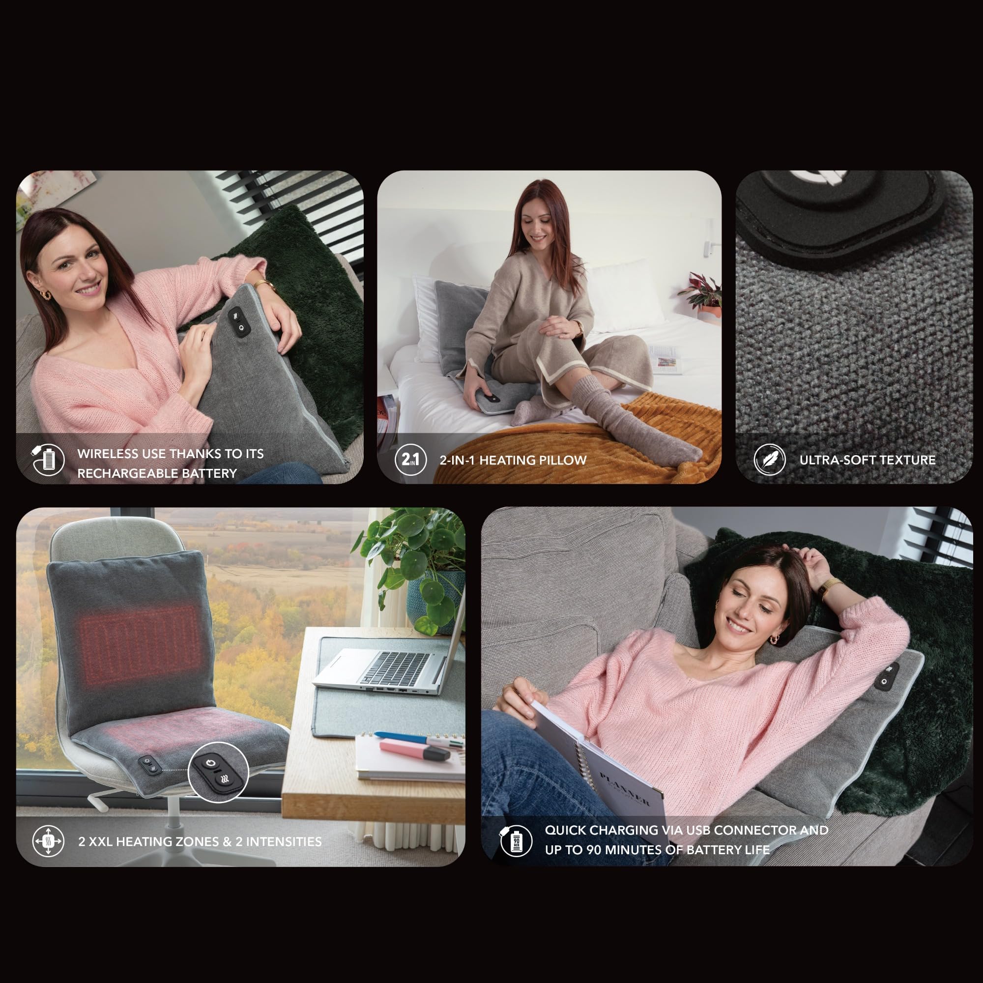 Heating Pillow - Cojín Calefactable Sin Cable - Funda Asiento Térmica 2 En 1 - Calor Espalda Lumbares Sillón - Batería Recargable USB - Zonas XXL – Textura Ultra Suave Confort