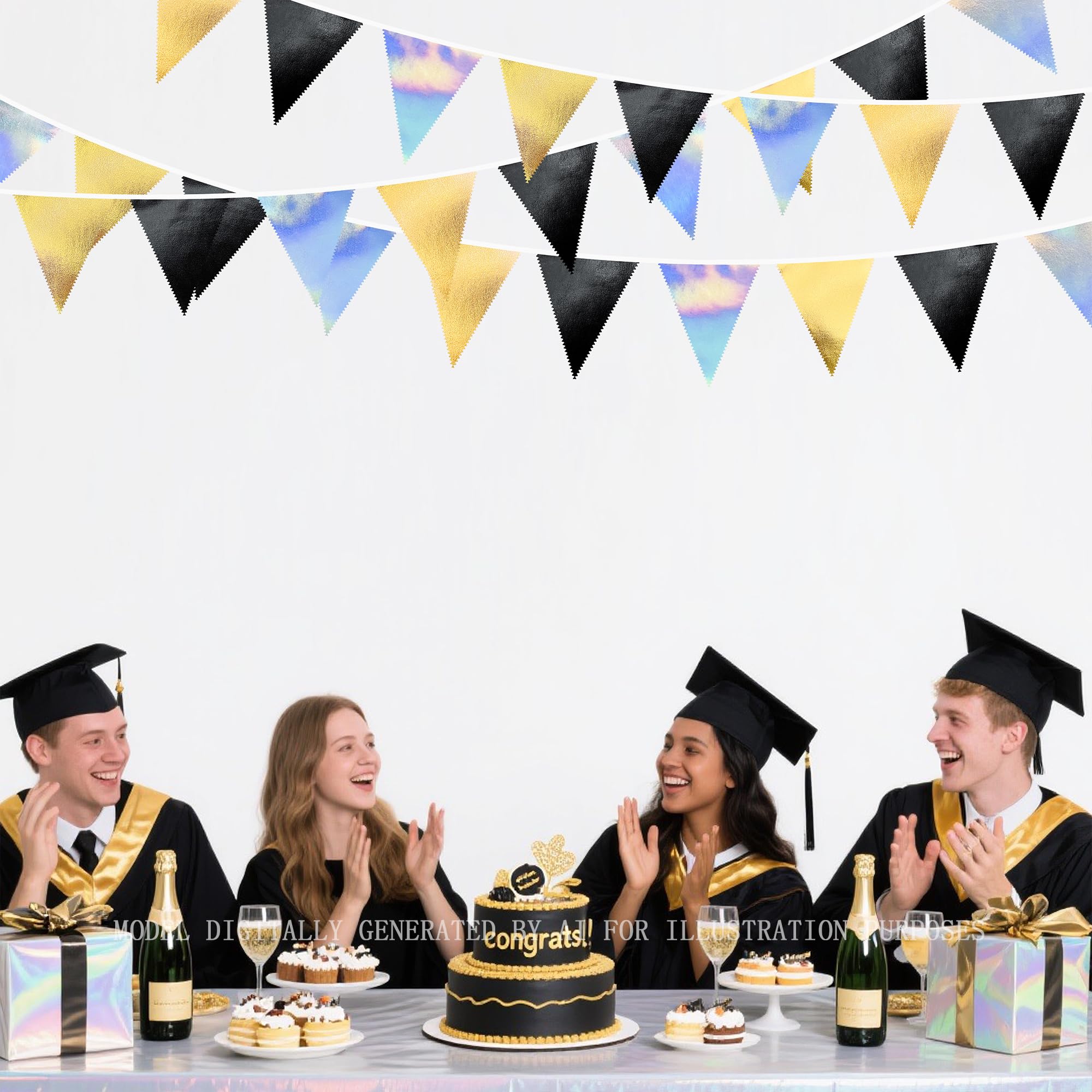 Schwarz-goldene, schillernde Party-Dekorationen, Dreiecks-Wimpelkette, Banner, Flagge, metallischer Stoff, Wimpelkette für Geburtstag, Abschlussfeier, Ruhestand, Hochzeit, Brautparty, Verlobung