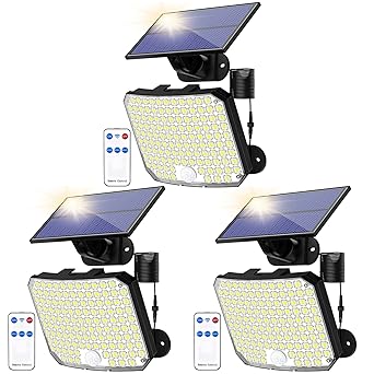 KERNOWO Solar Lights Outdoor, 118 LED Solar Motion Sensor Flood Lights with Remote, IP65 Waterproof Solar Powered Security Spot Lights with 16.5Ft Cable for Patio, Garage, Porch, Yard, 3 Pack