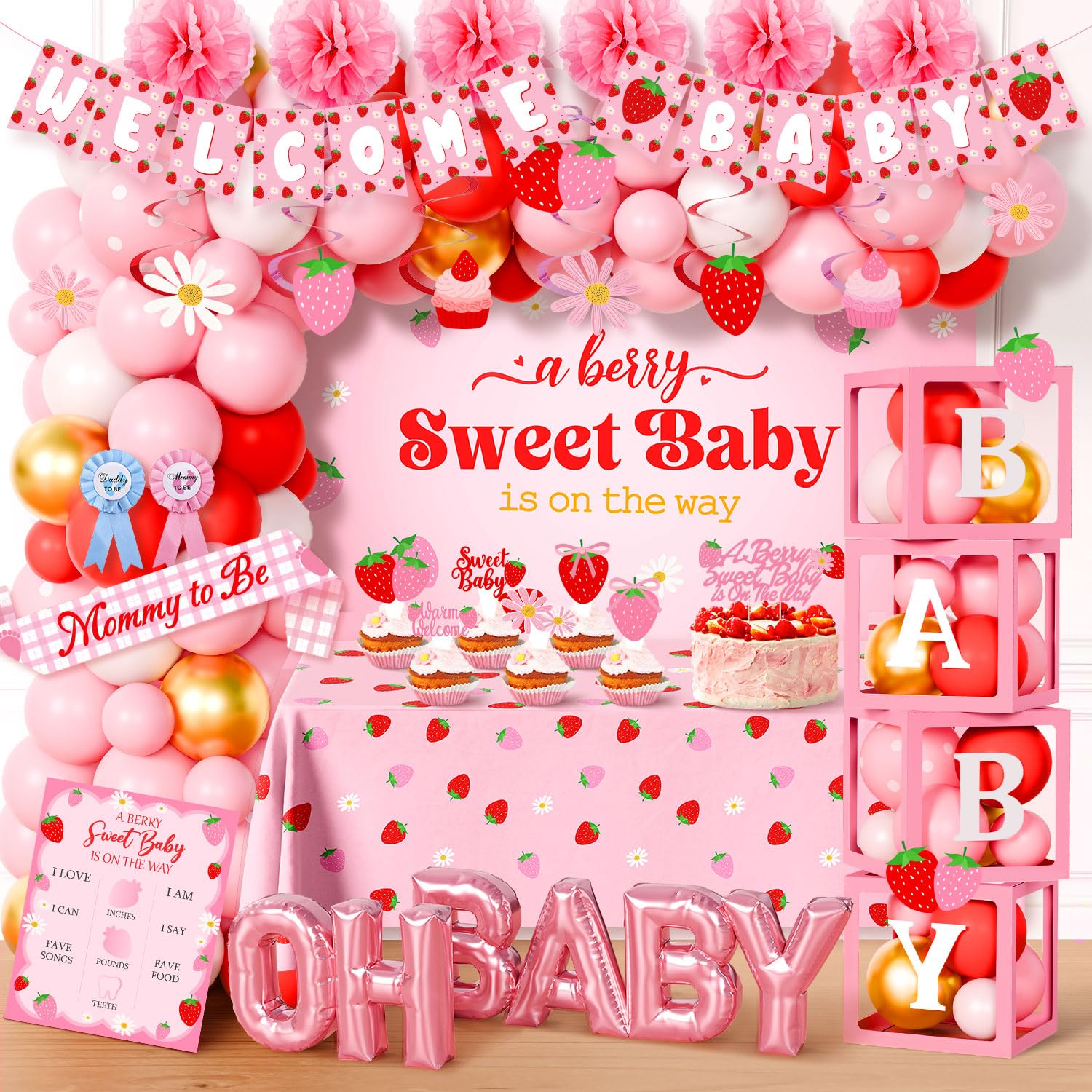 Strawberry Baby Shower Decorations Party Supplies - A Berry Sweet Baby Party Decor with Balloon Garland Arch, Backdrop, Tablecloth, Banner, Balloon