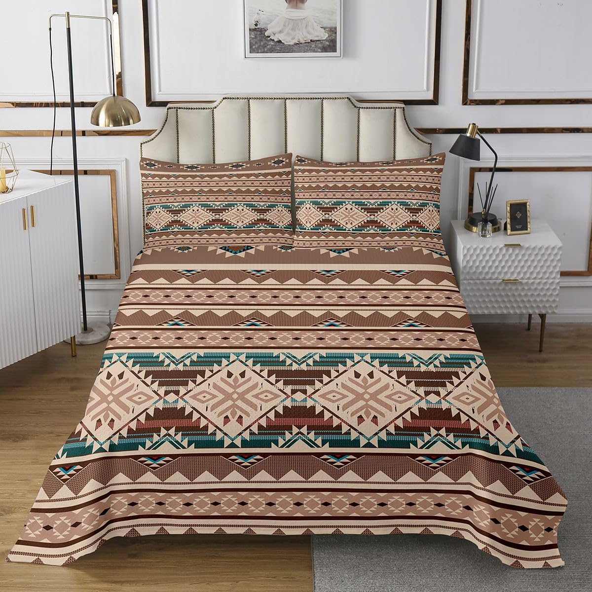 Western Quilted Queen,Aztec Coverlet Set,Exotic Nordic Style Bohemian Bedspread Indian Tribe Geometric Ethnic Tribal Arrow Quilt Set,Retro Geometric Triangle Diamond Boho Decor,Beige Brown