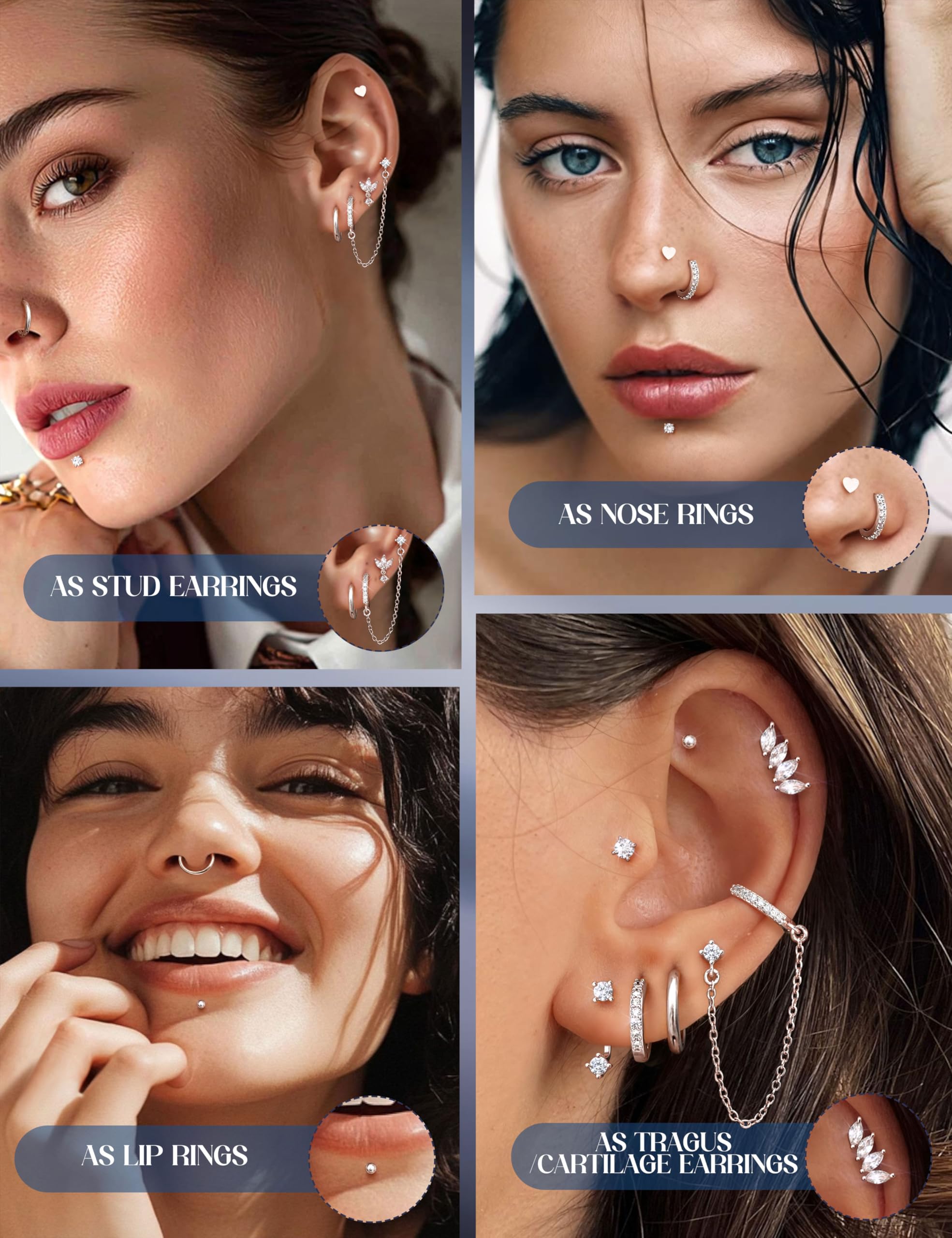 Pendientes de Tuerca con Parte Trasera Plana de 16G/18G/20G para Mujer, hipoalergénicos