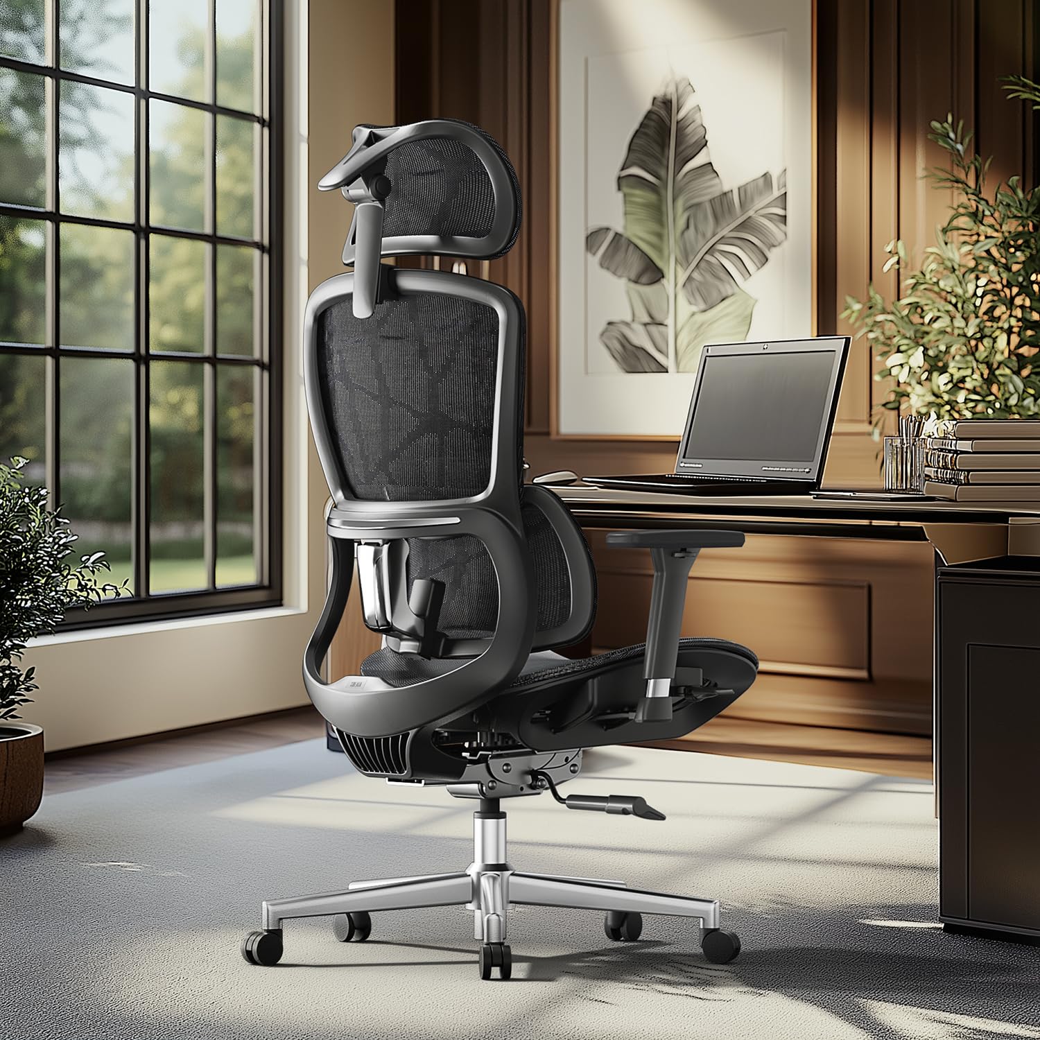 Hbada E2 Ergonomic Office Chair, Big and Tall Mesh Office Chair with 6-Way Dynamic Lumbar Support, 3D Adjustable Armrests, 3D Adjustable Headrest, High Back for Computer Chair, Black(No Footrest)