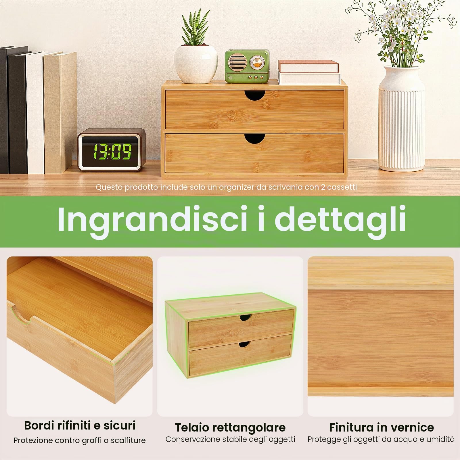Organizzatore per Scrivania, Cassetto in Bambù Mini Cassettiera, Design Monopezzo, Scaffalatura per Trucco con 2 Cassetti per Ufficio, Soggiorno e Camera da Letto